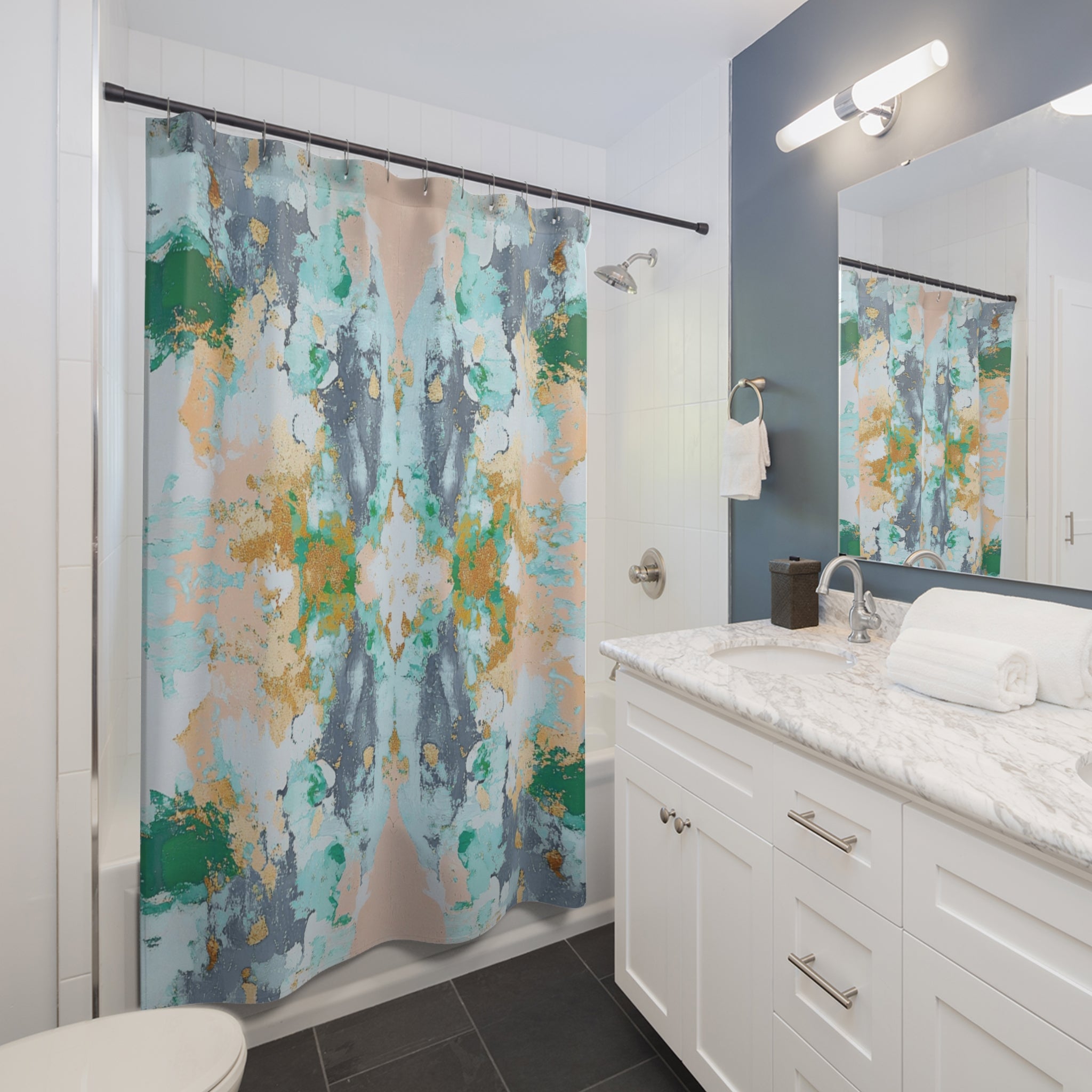 Abstract Shower Curtain | Aesthetic Mirrored Art, Blue Blush Green