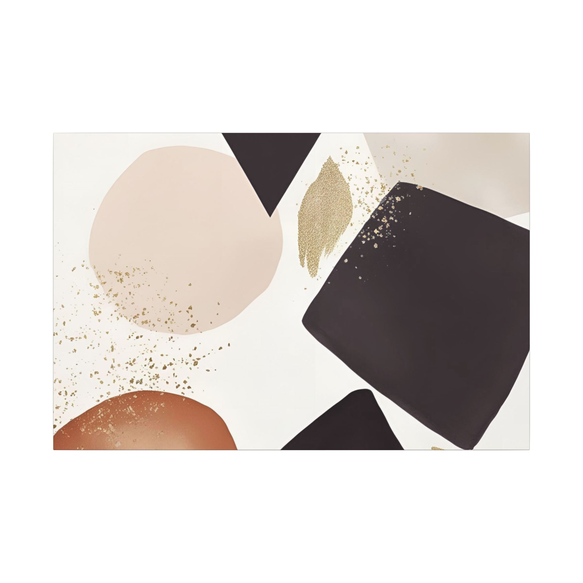 The image is a modern abstract art piece featuring a variety of shapes and colors, including shades of black, brown, and beige. The composition includes a mix of geometric and organic forms, creating a visually striking and dynamic composition.