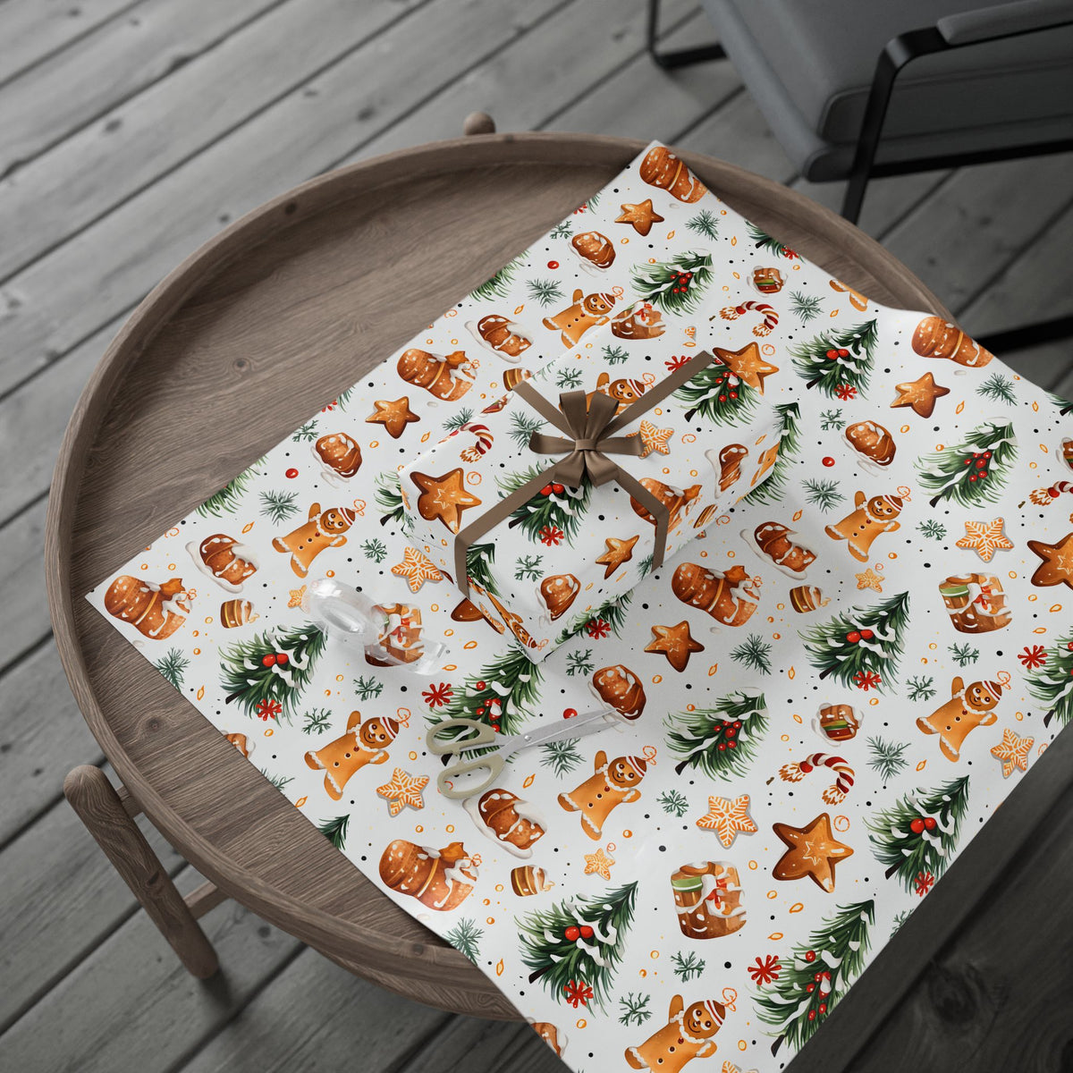 Gingerbread Star Snowy Tree Christmas Wrapping Paper, Gift Wrap