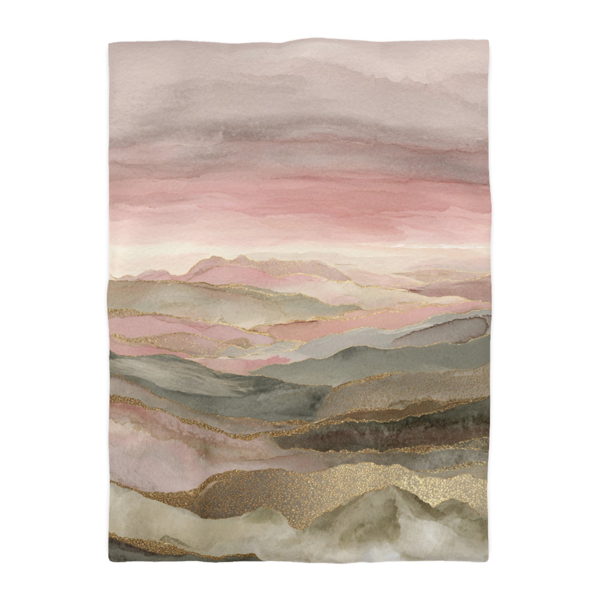 The image is a watercolor painting depicting a landscape with rolling hills and mountains in shades of pink, green, and gray. The painting has a soft, dreamy quality with a gradient effect, creating a sense of depth and distance.