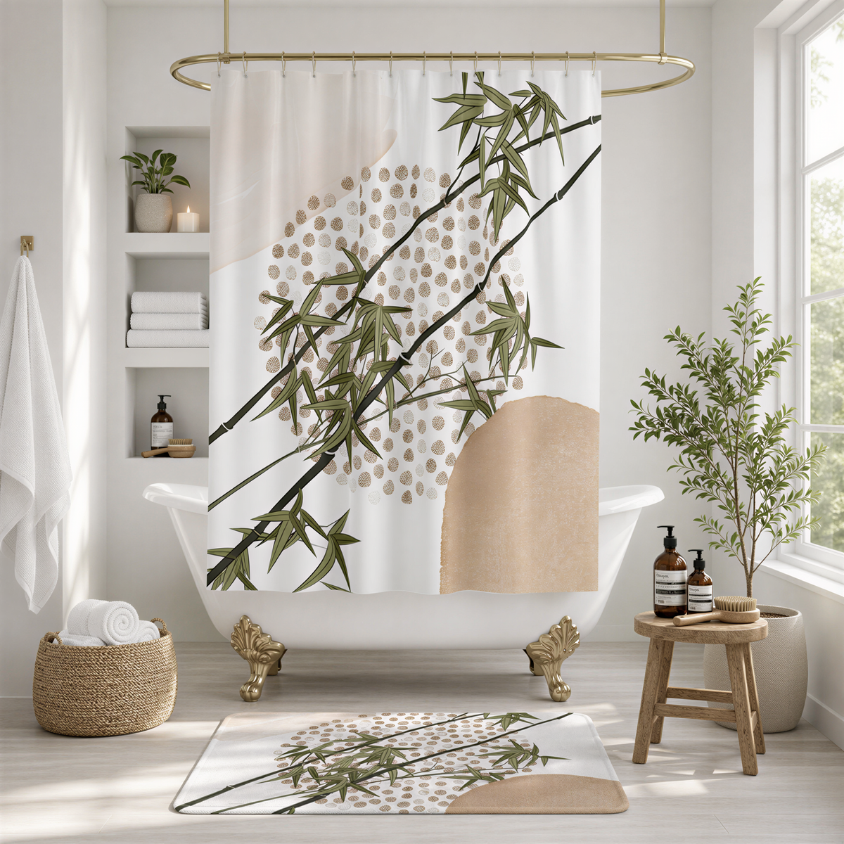 a serene and well-decorated bathroom with a clawfoot bathtub, a shower curtain featuring a bamboo design, and various decorative elements such as potted plants and a woven basket.