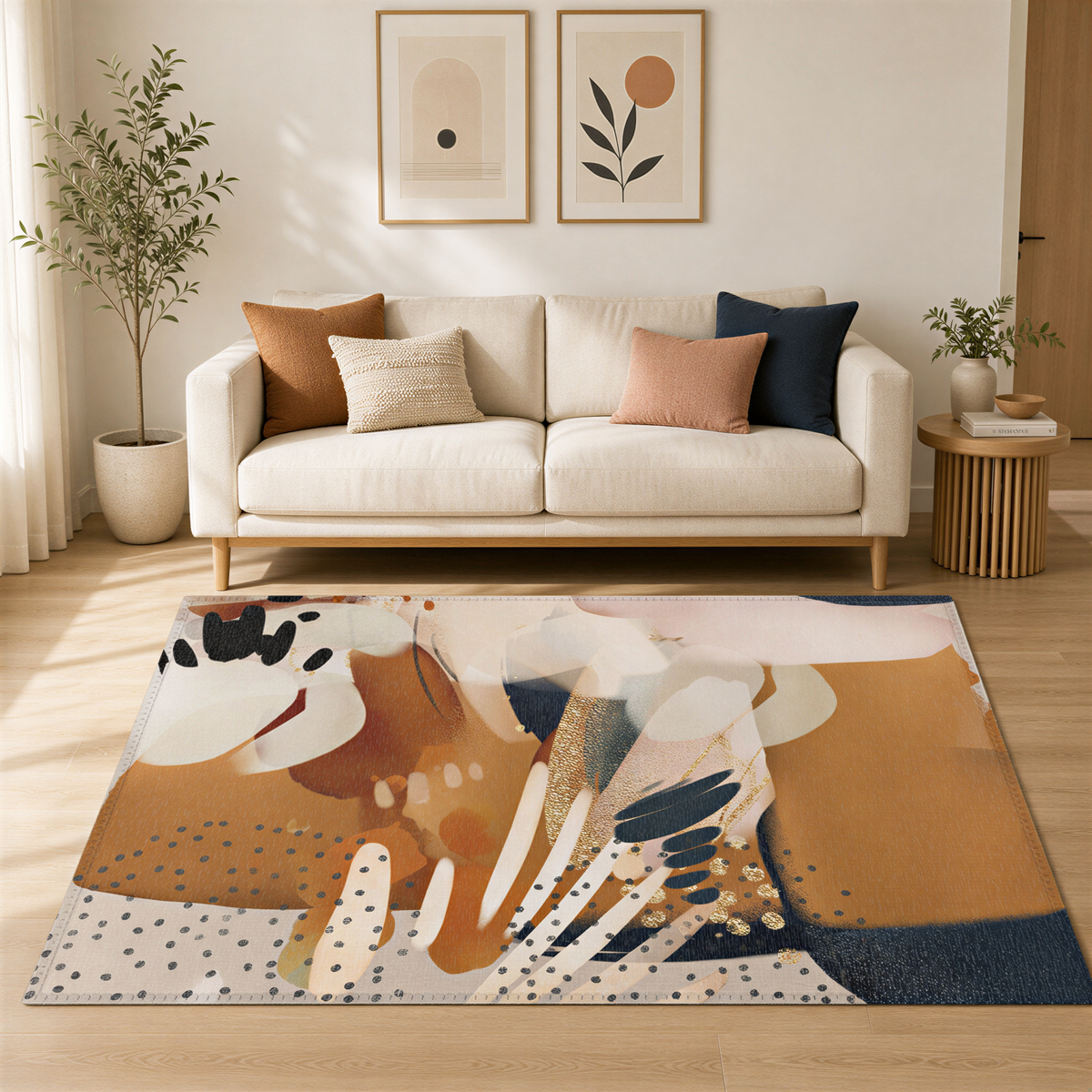 a living room with a white sofa, a rug with abstract patterns, and two framed artworks on the wall.