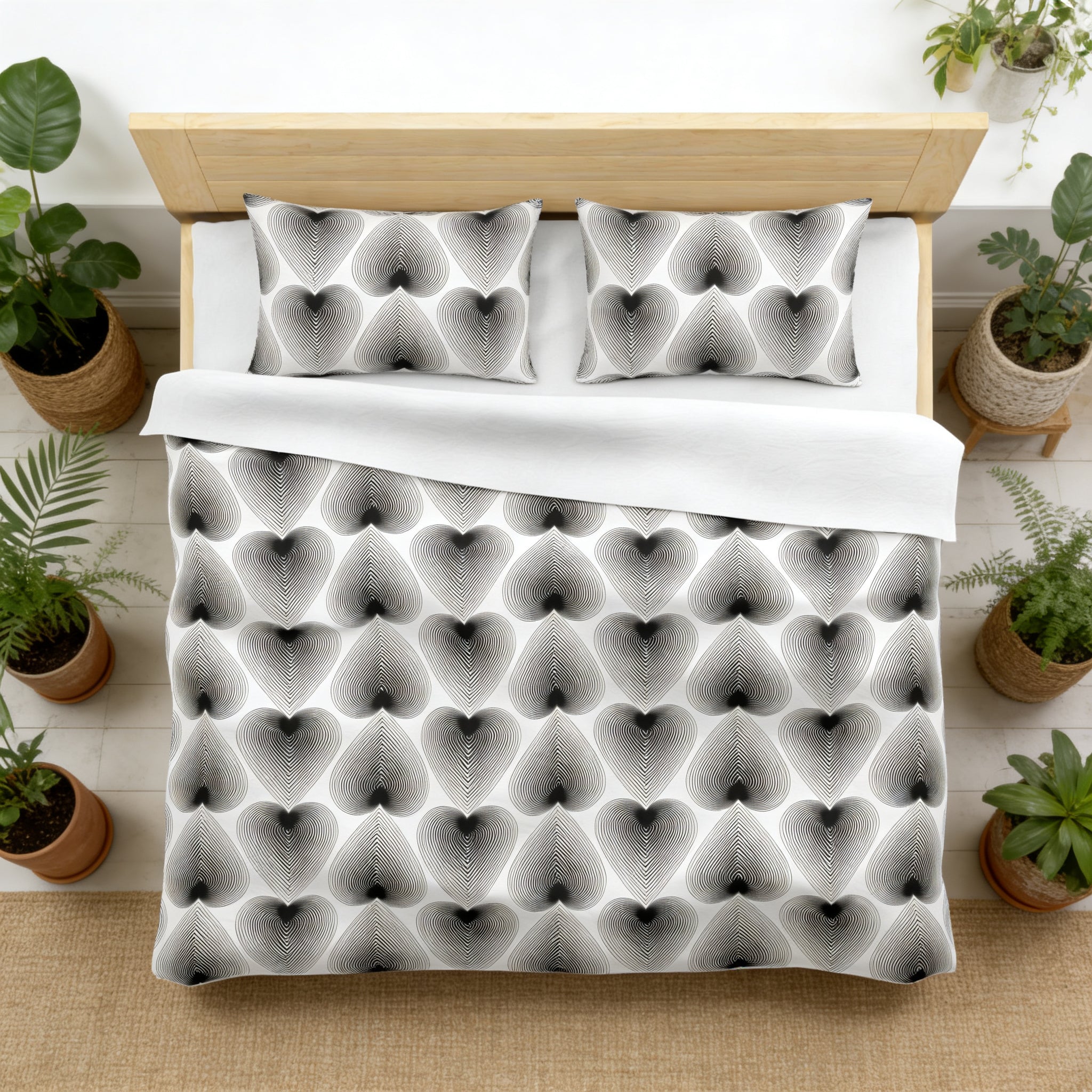 a neatly made bed with a black and white patterned comforter and pillows, surrounded by potted plants.