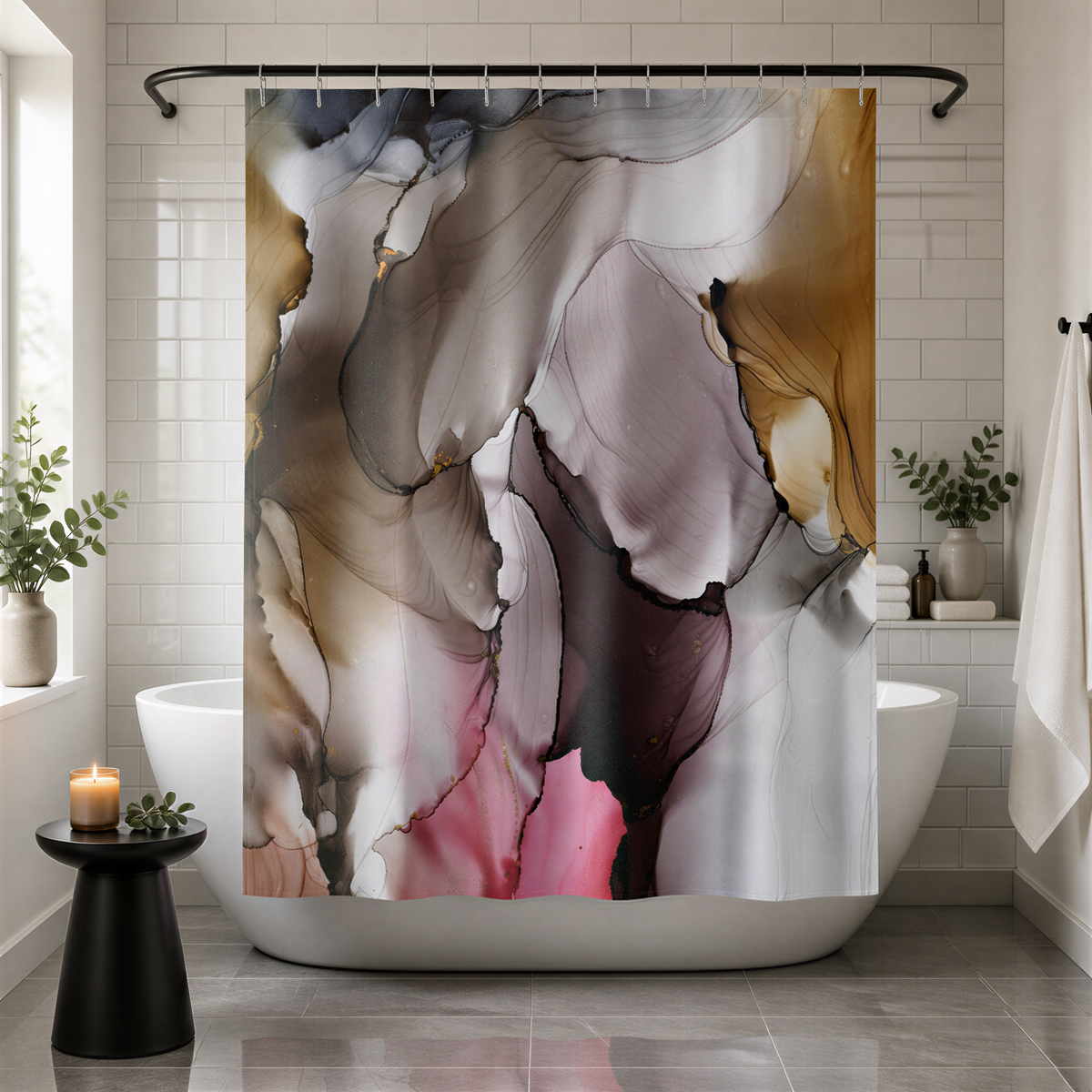 a bathroom with a large abstract floral pattern on the shower curtain, which is hanging from a rod above a white bathtub. The bathroom has white tiles on the walls and floor, and there are some plants and decorative items placed around the room.