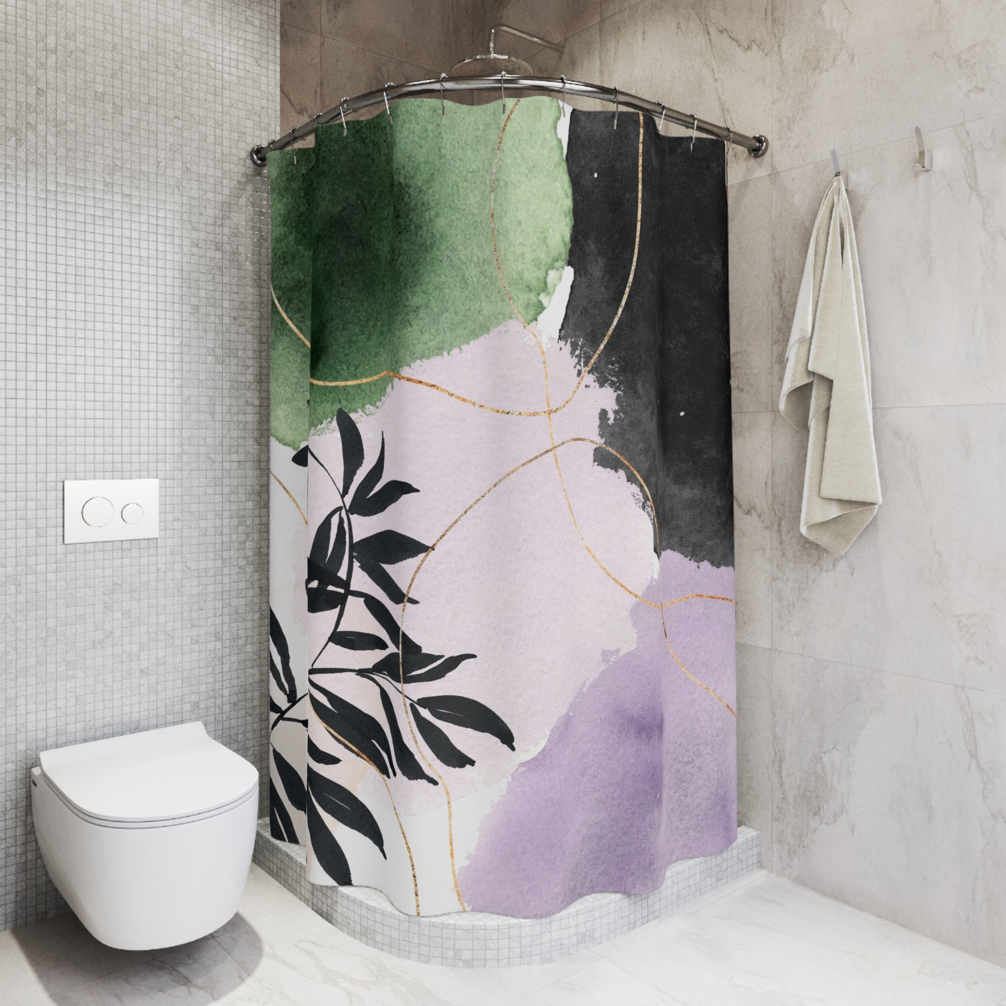 Abstract Shower Curtain | Artsy Black Leaves, Lavender Blush, Green