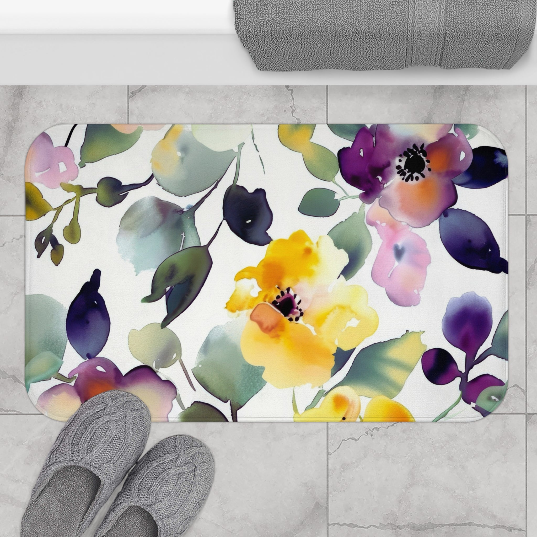 Floral Bath, Kitchen Mat | Botanical Yellow Purple, Green Watercolor