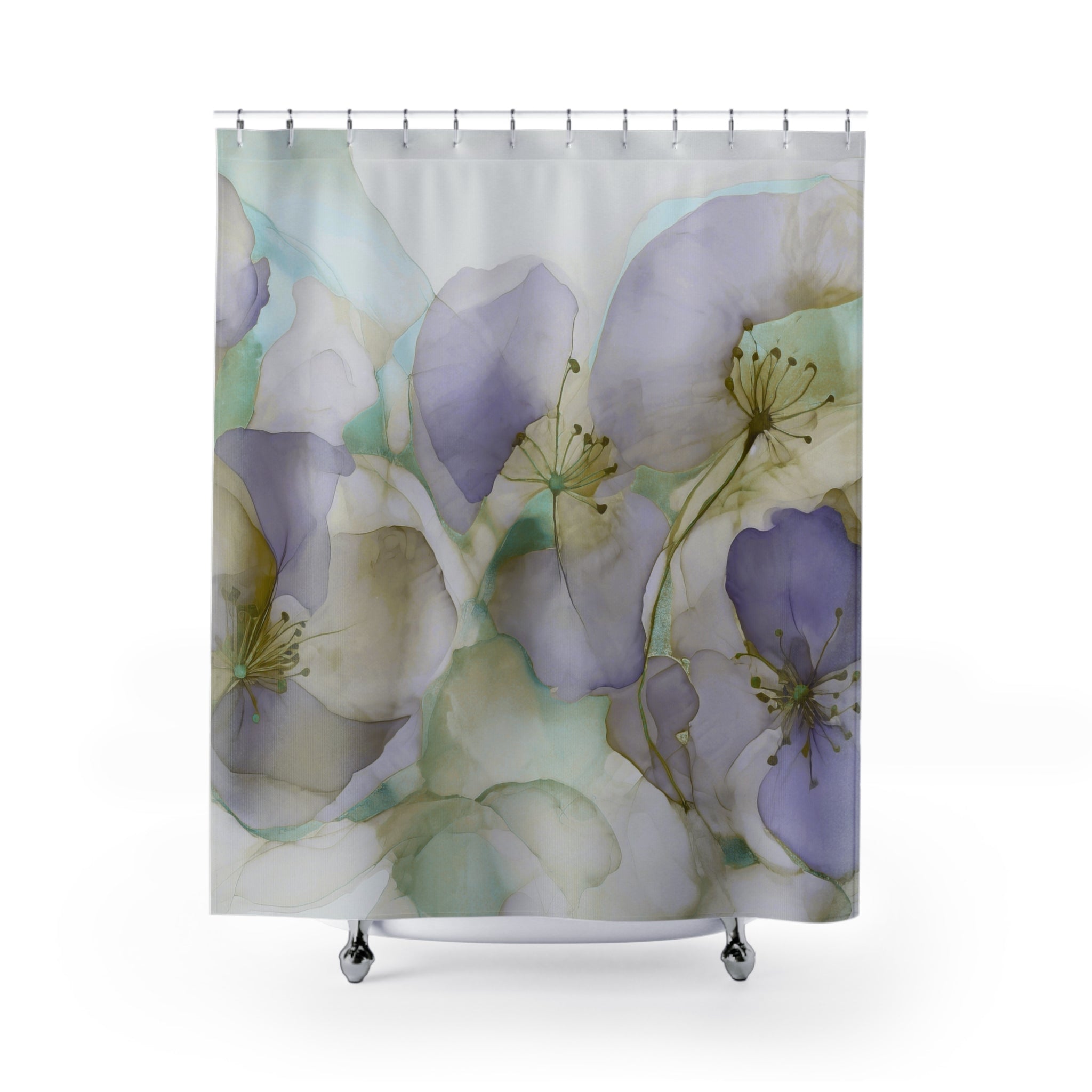 Abstract Shower Curtain | Artsy Floral Lavender Purple, Sage Green