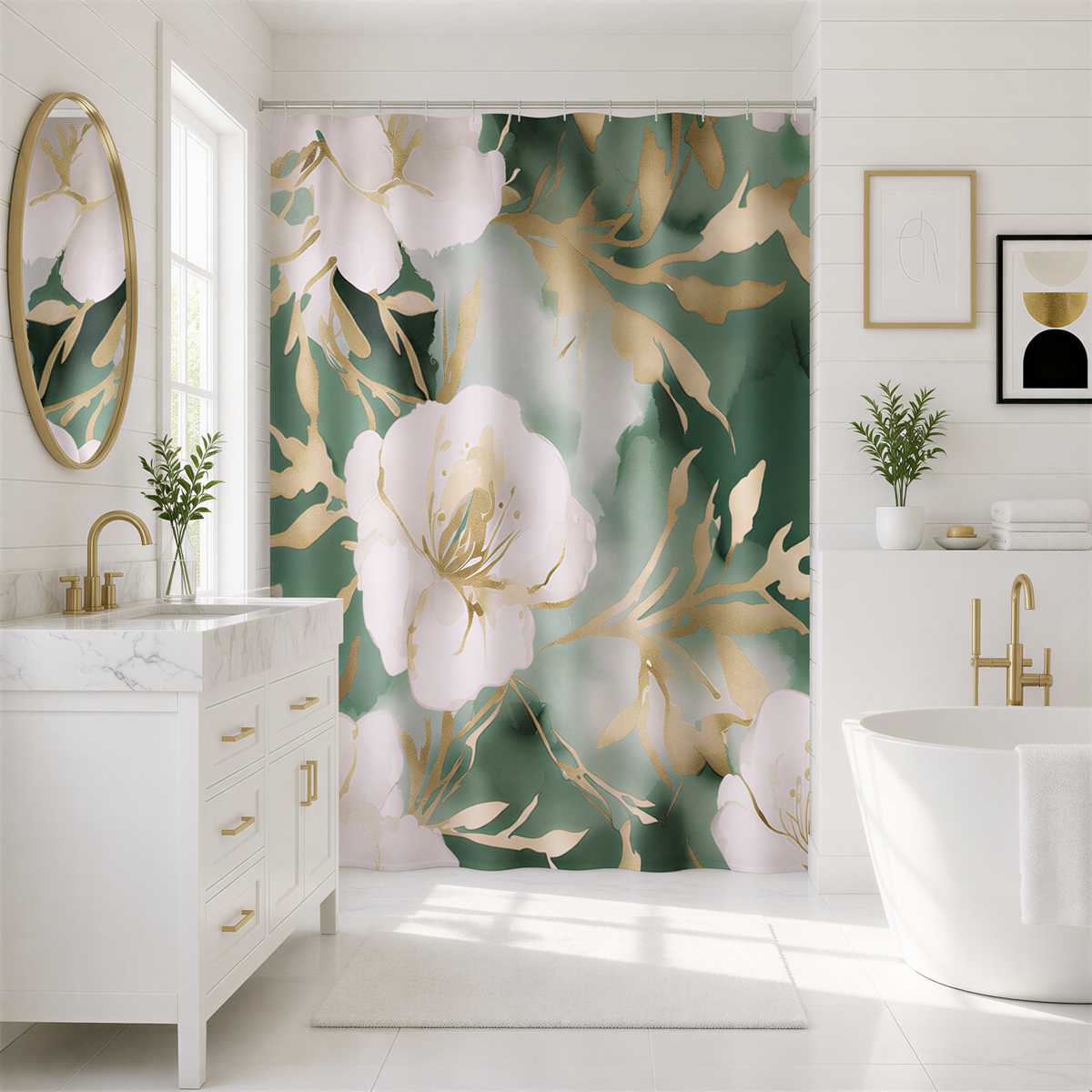 a luxurious bathroom with a large floral shower curtain featuring white and green flowers. The bathroom is well-lit, with a white bathtub and a vanity with a marble countertop. The room is decorated with various plants and framed artwork, creating a serene and elegant atmosphere.
