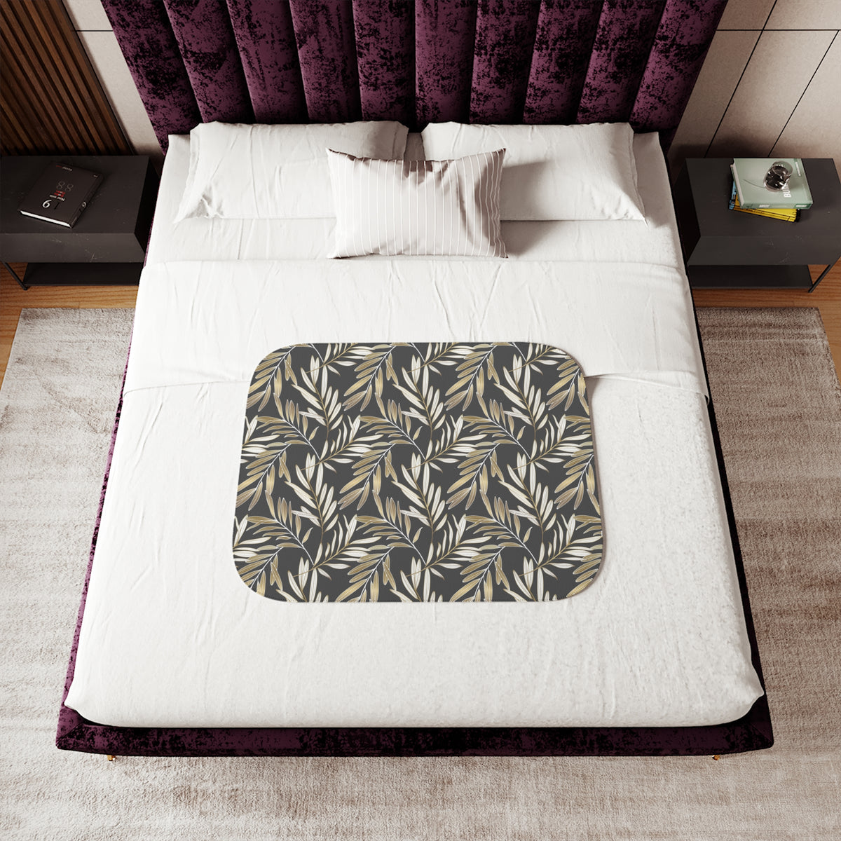 Charcoal Muted Gold Willow Leaf Sherpa Blanket | Elegant Throw