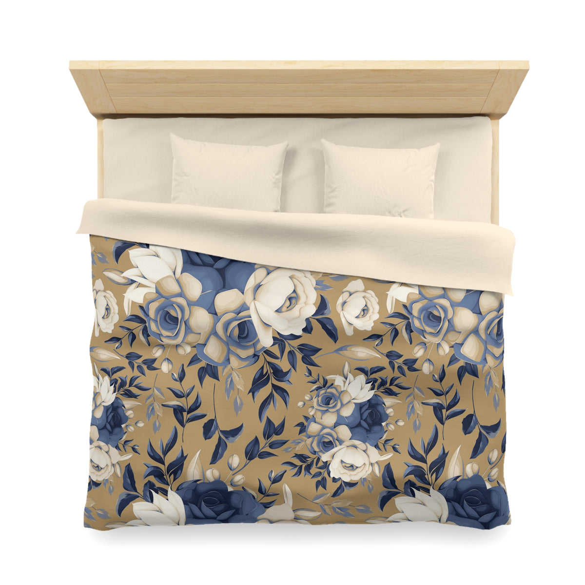 a neatly made bed with a floral print comforter and pillows.