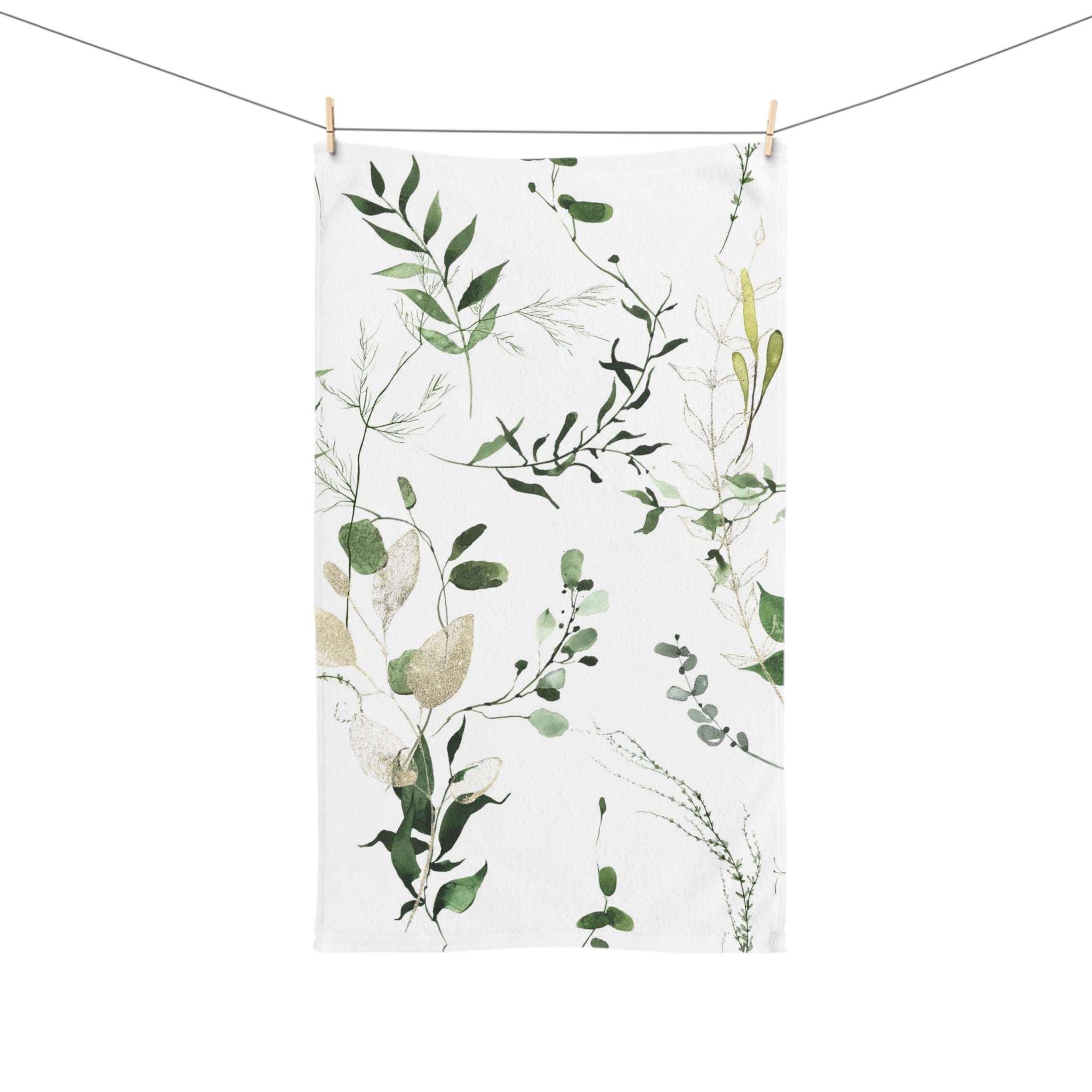 Floral Boho Kitchen, Bath Hand Towel | Watercolor White Forest Green Leaves