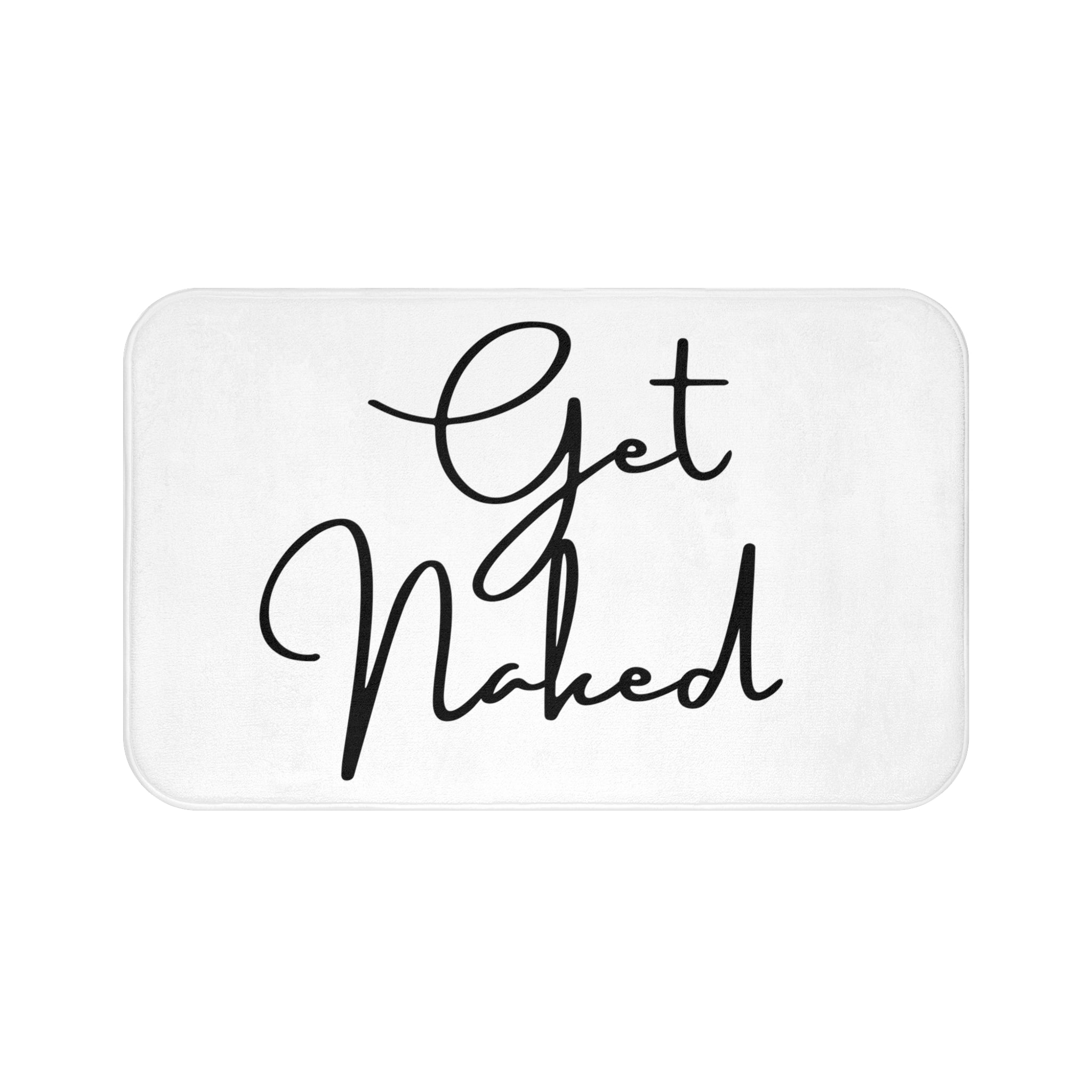 a black and white get naked bath mat