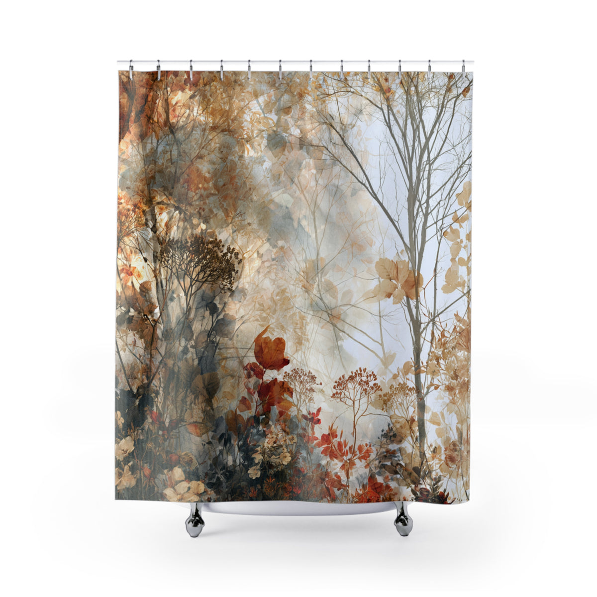 a shower curtain with a nature-inspired design, depicting a forest scene with trees, flowers, and foliage in various shades of brown and orange.
