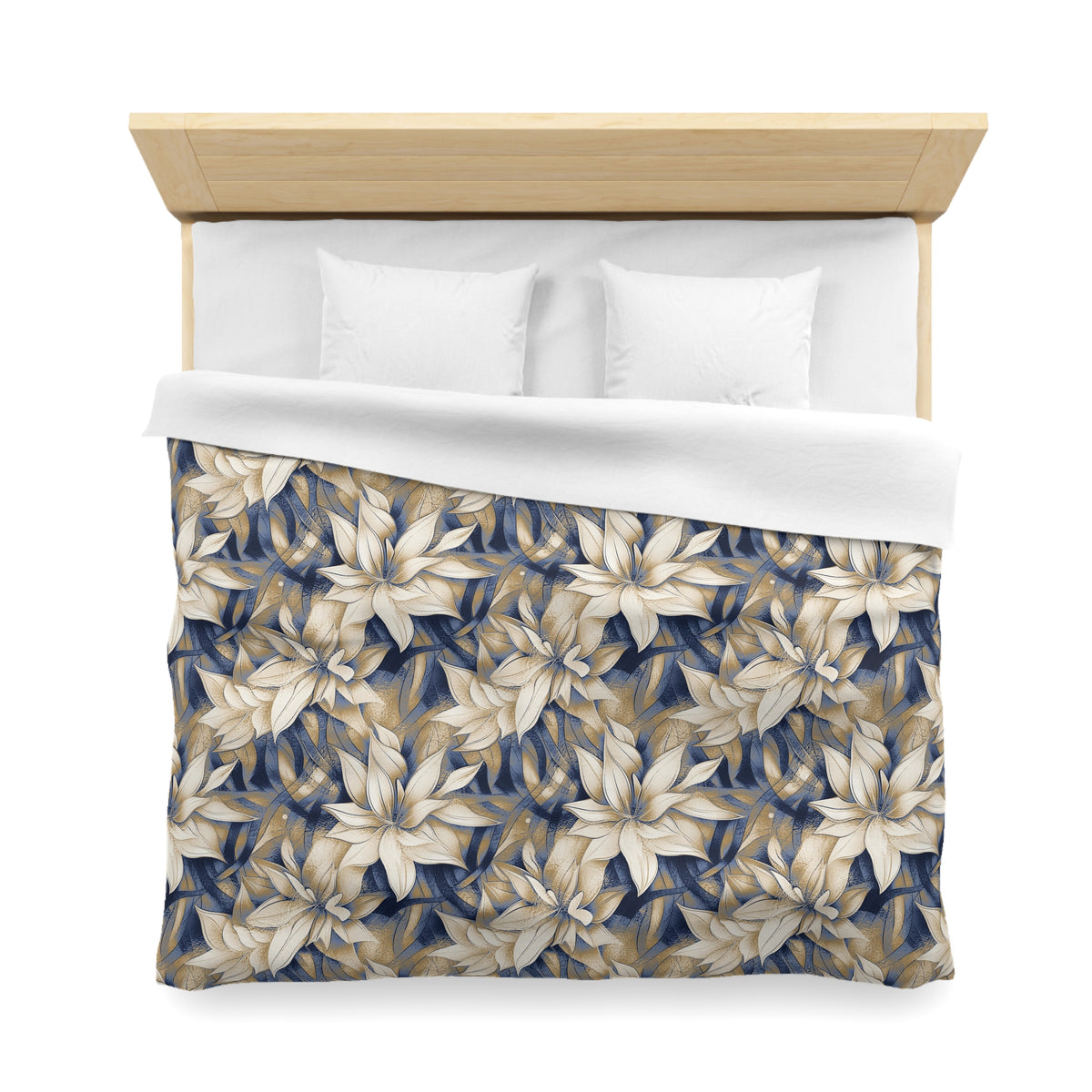 a neatly made bed with a floral print comforter and pillows.
