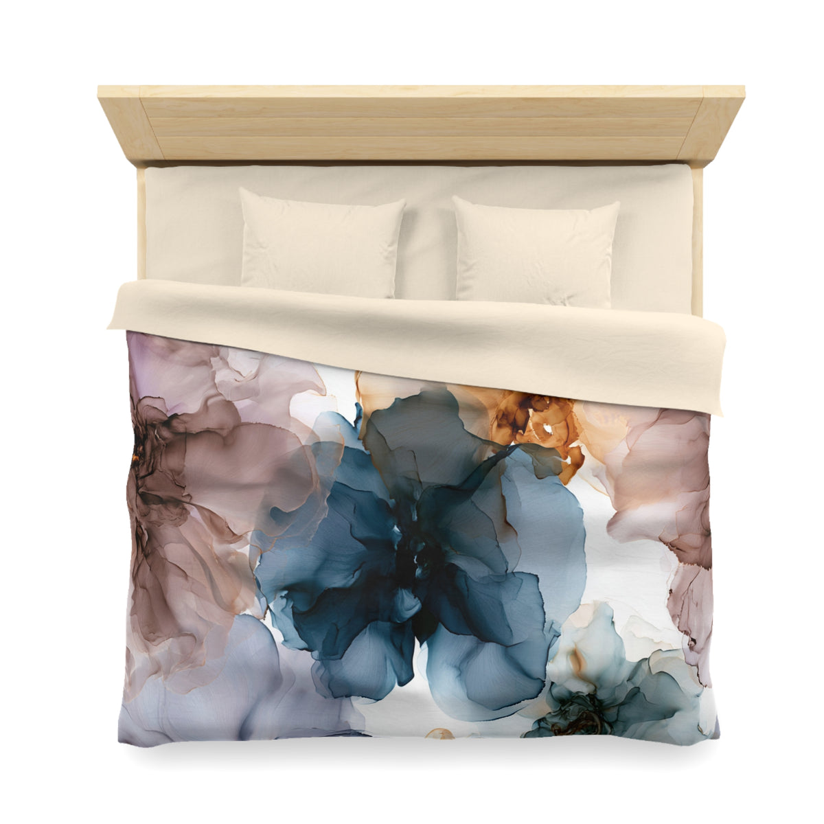a bed with a blue flower on it