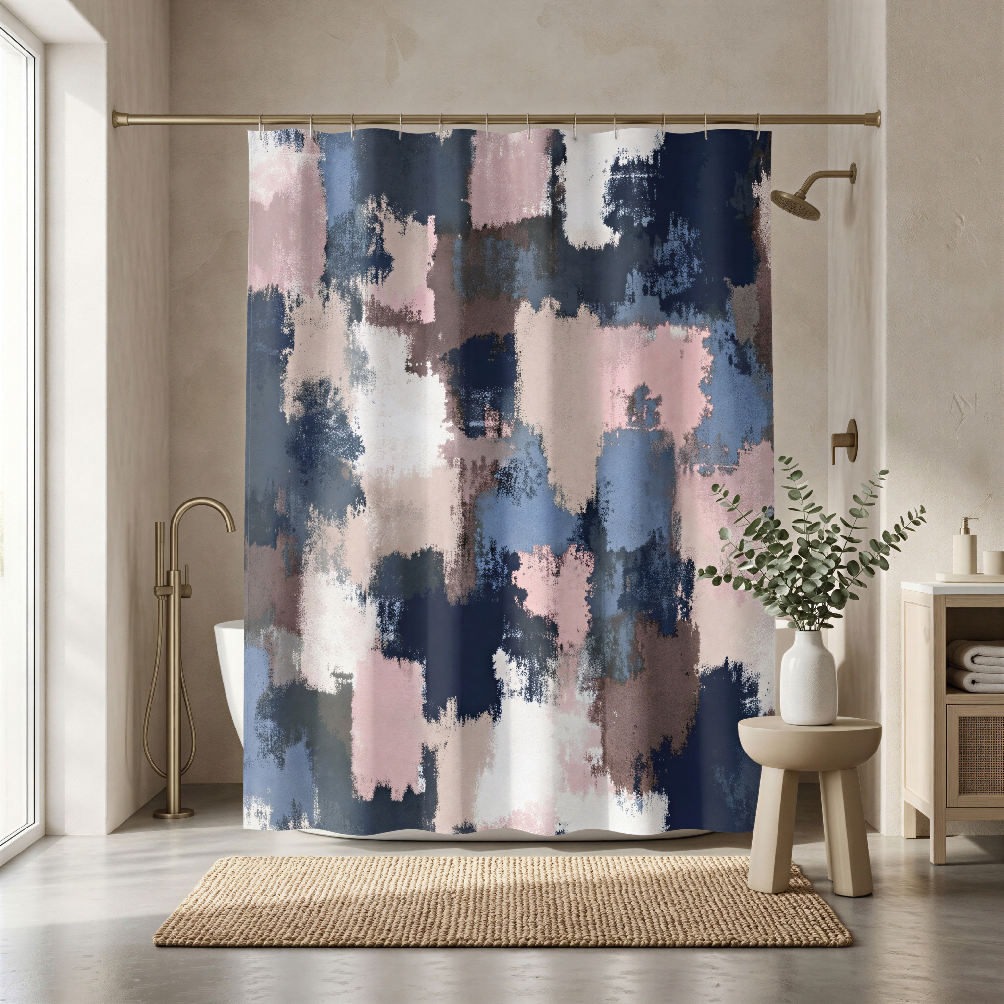 a bathroom with a large abstract shower curtain in shades of blue, pink, and white. The shower curtain is hanging from a rod above a wooden stool, which has a small plant on it. The bathroom also includes a sink and a window, creating a cozy and inviting atmosphere.