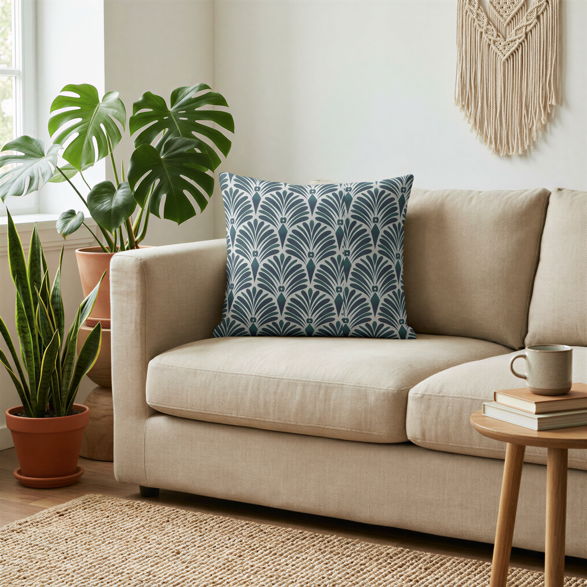 A cozy living room with a beige sofa, a blue and white patterned throw pillow, and a wooden side table with a stack of books and a coffee mug. The room is decorated with potted plants and a macrame wall hanging, creating a warm and inviting atmosphere.