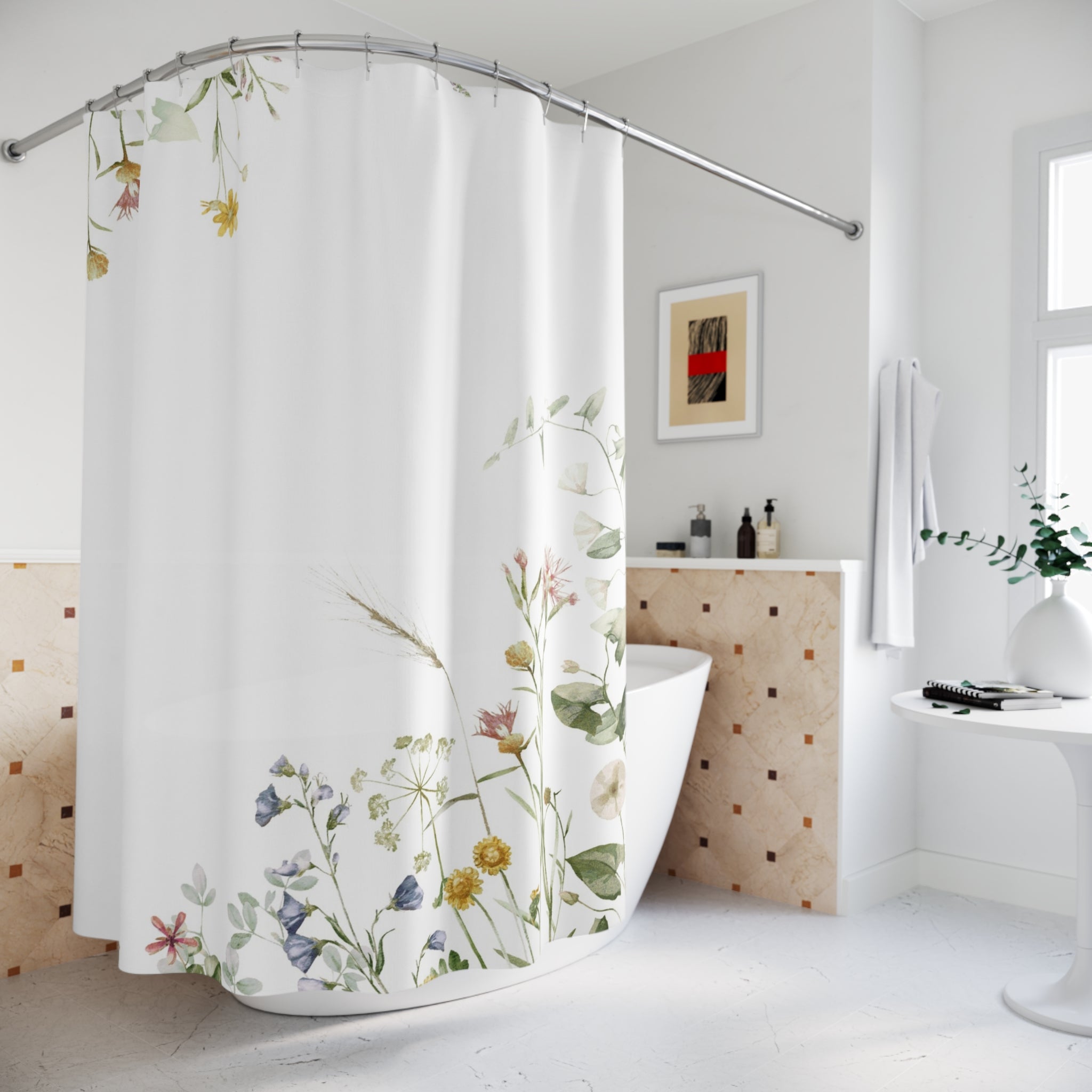 Floral Shower Curtain | Boho White Botanical Wildflowers