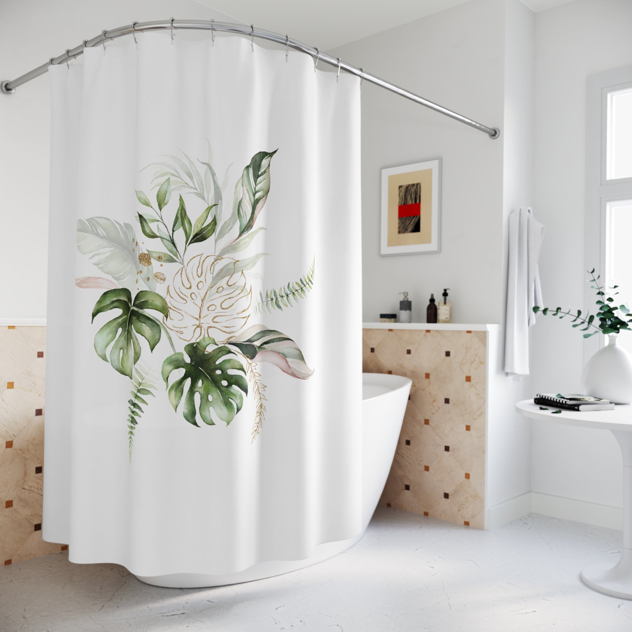 Boho Shower Curtain | White Green Monstera Tropical Leaves