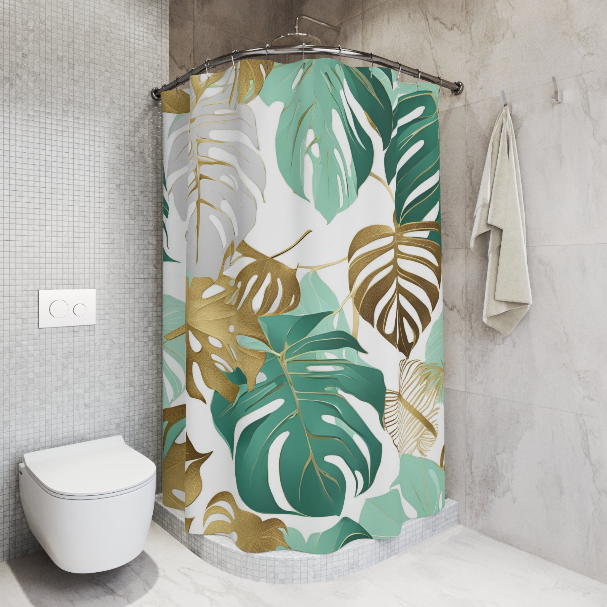 Boho Shower Curtain | Jungle Monstera Leaves, Mint Aqua Green