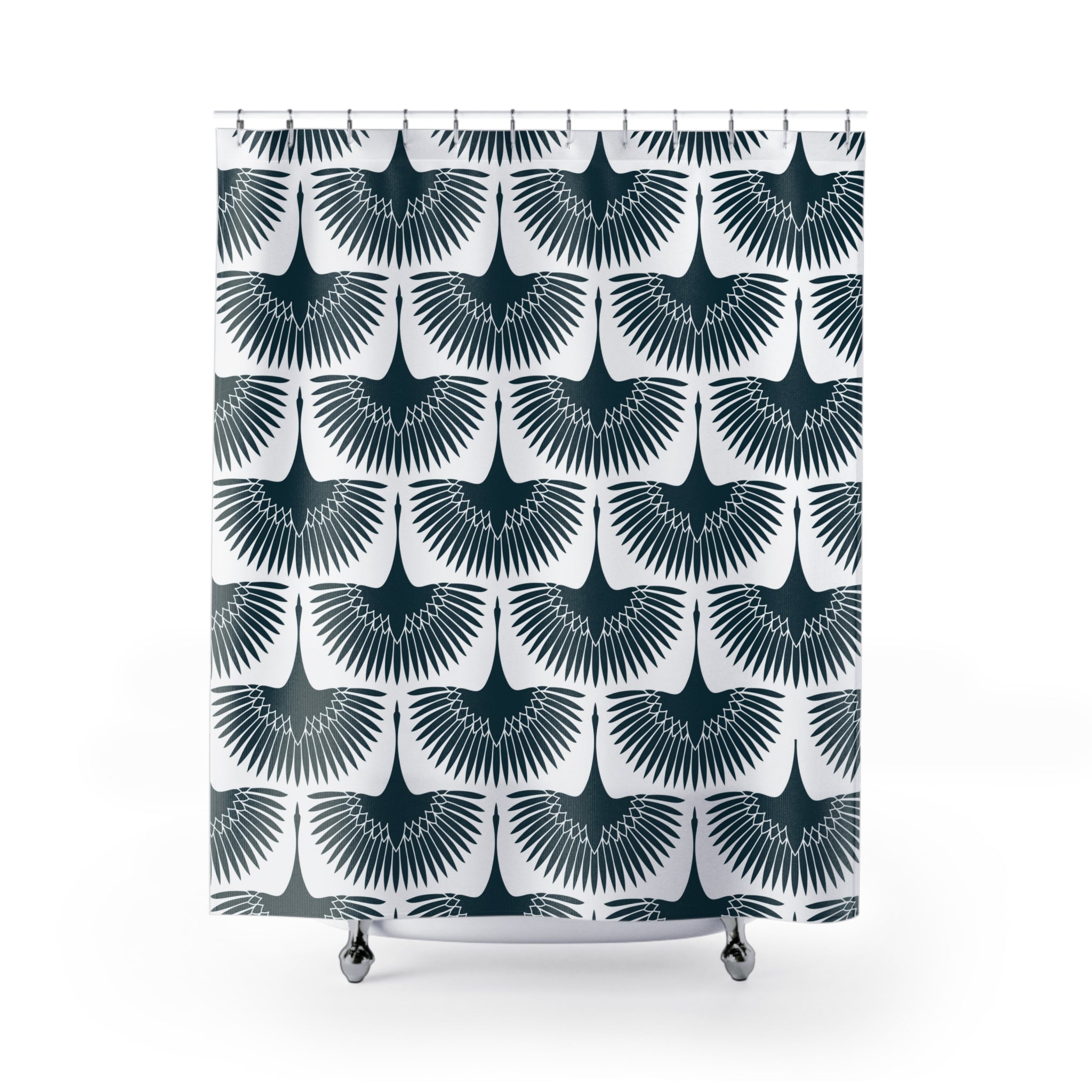 Art Nouveau Shower Curtain | Japanese Crane, Navy Blue White Cranes