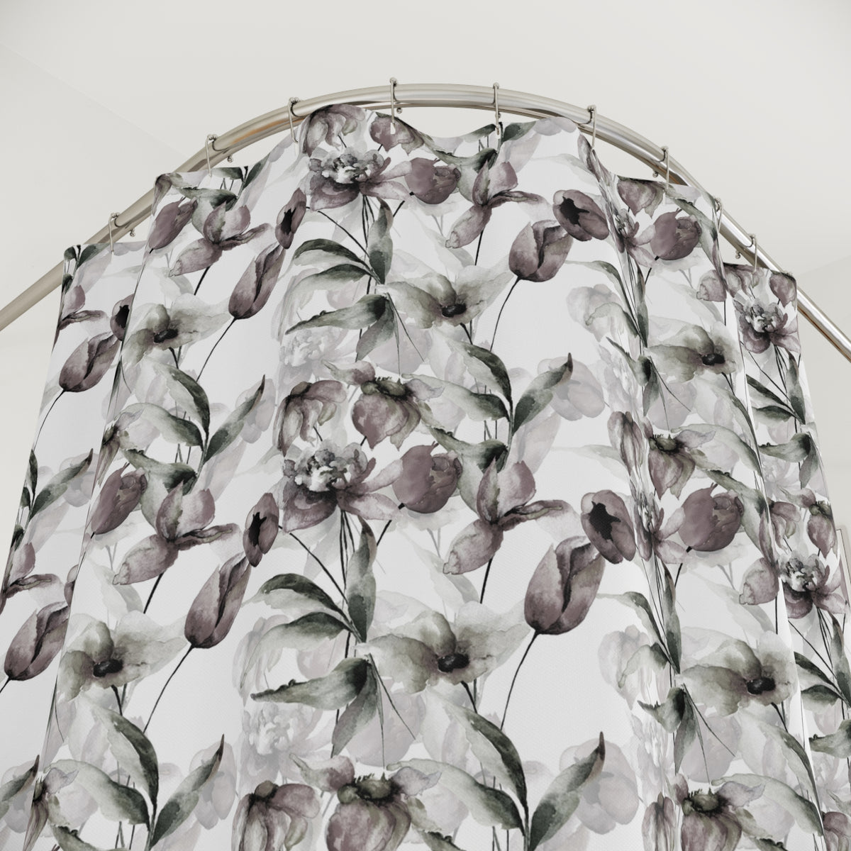 a shower curtain with a floral pattern of purple and white flowers.