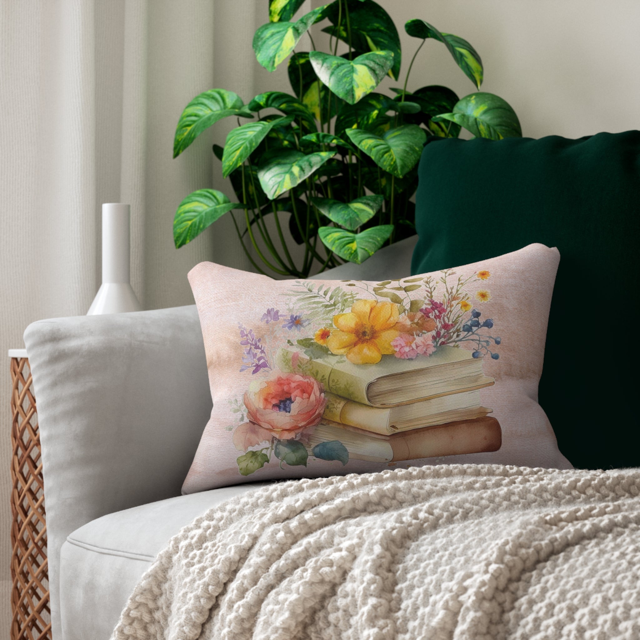 Boho Lumbar Pillow | Colorful Flowers and Books