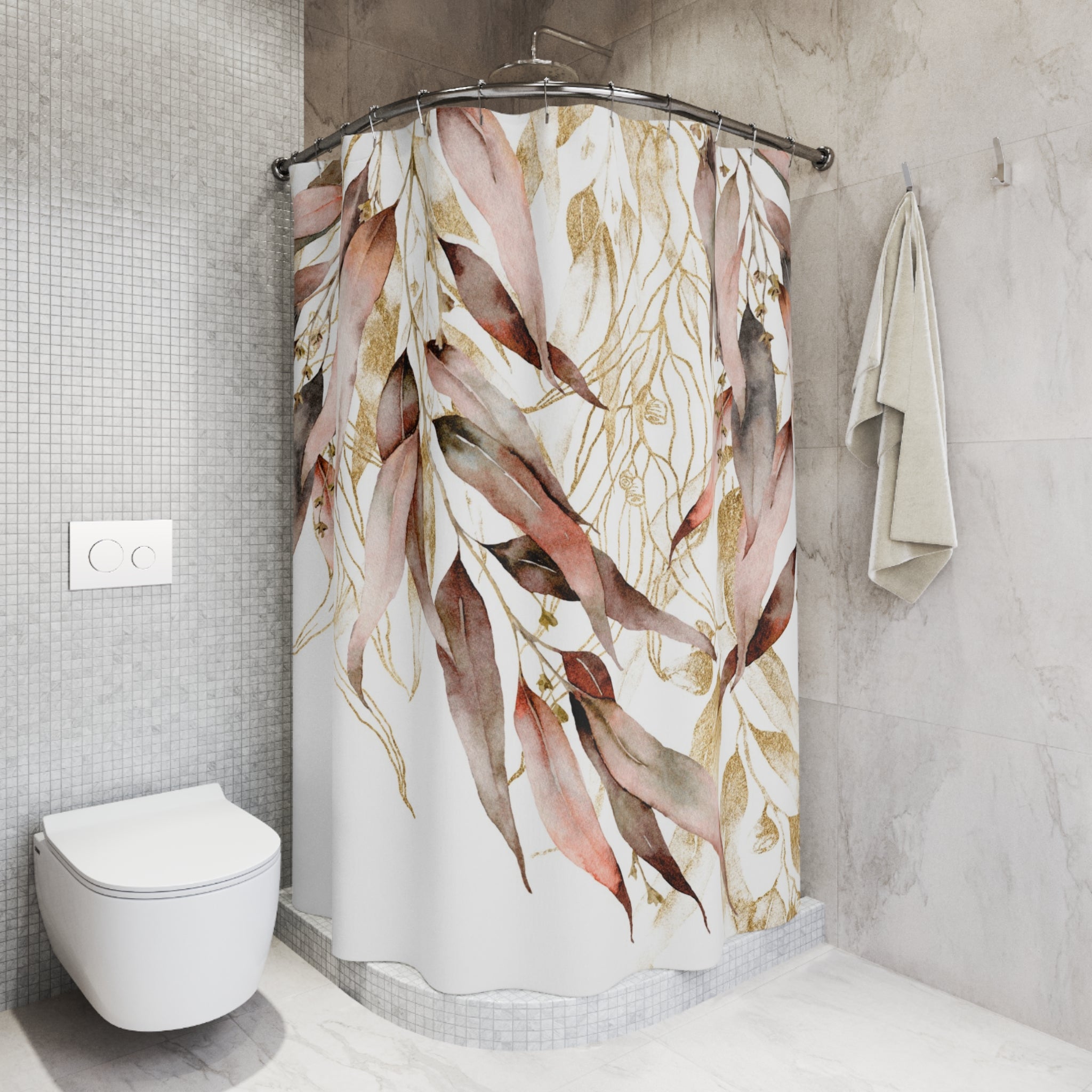 Boho Shower Curtain | Floral Leaves Watercolor Fabric Curtain