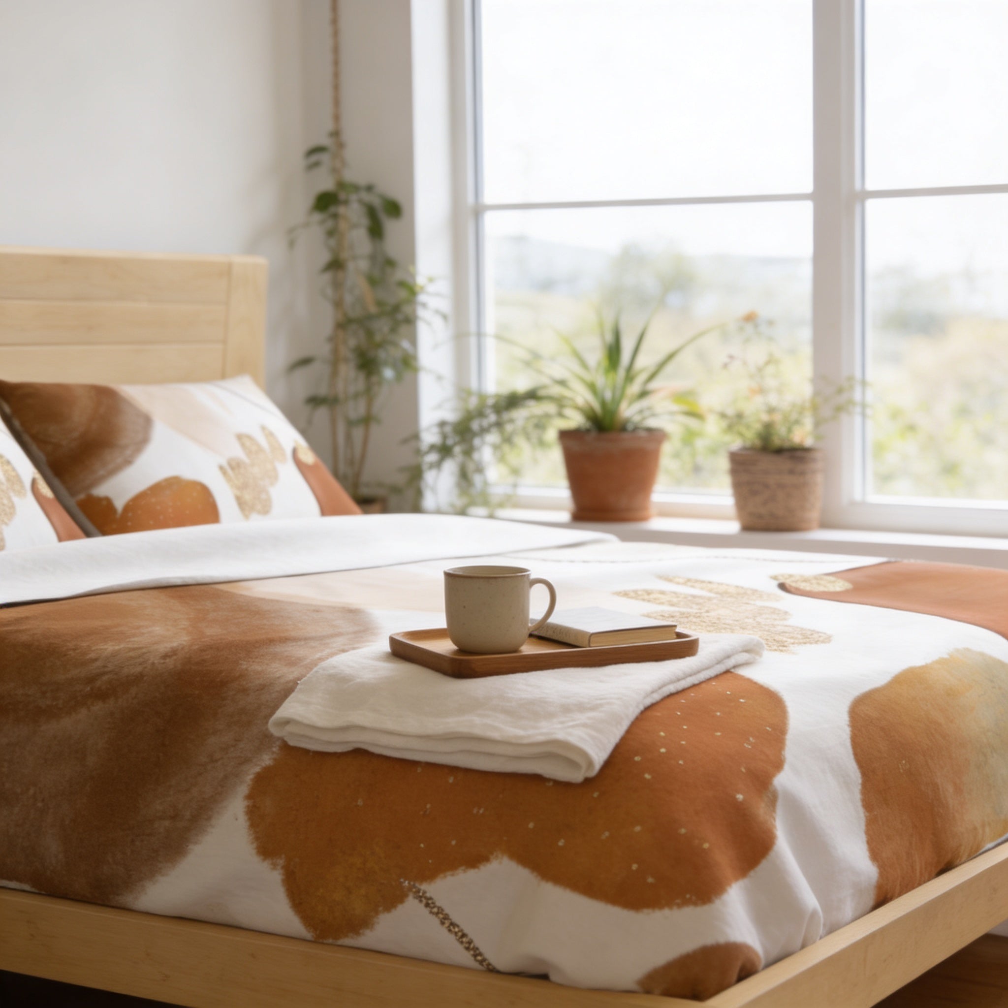 a cozy bedroom scene with a bed, a tray with a coffee cup, and two potted plants. The bed has a white and brown patterned comforter, and the tray with the coffee cup is placed on the bed. The room has a window that provides a view of the outdoors, and there are two potted plants on the windowsill.