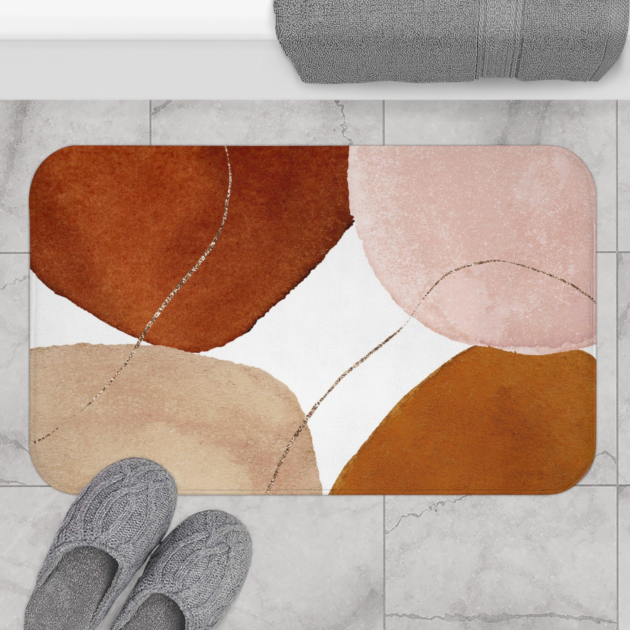 Abstract, Kitchen, Bath Mat | Rust Beige, Blush Pink Watercolor