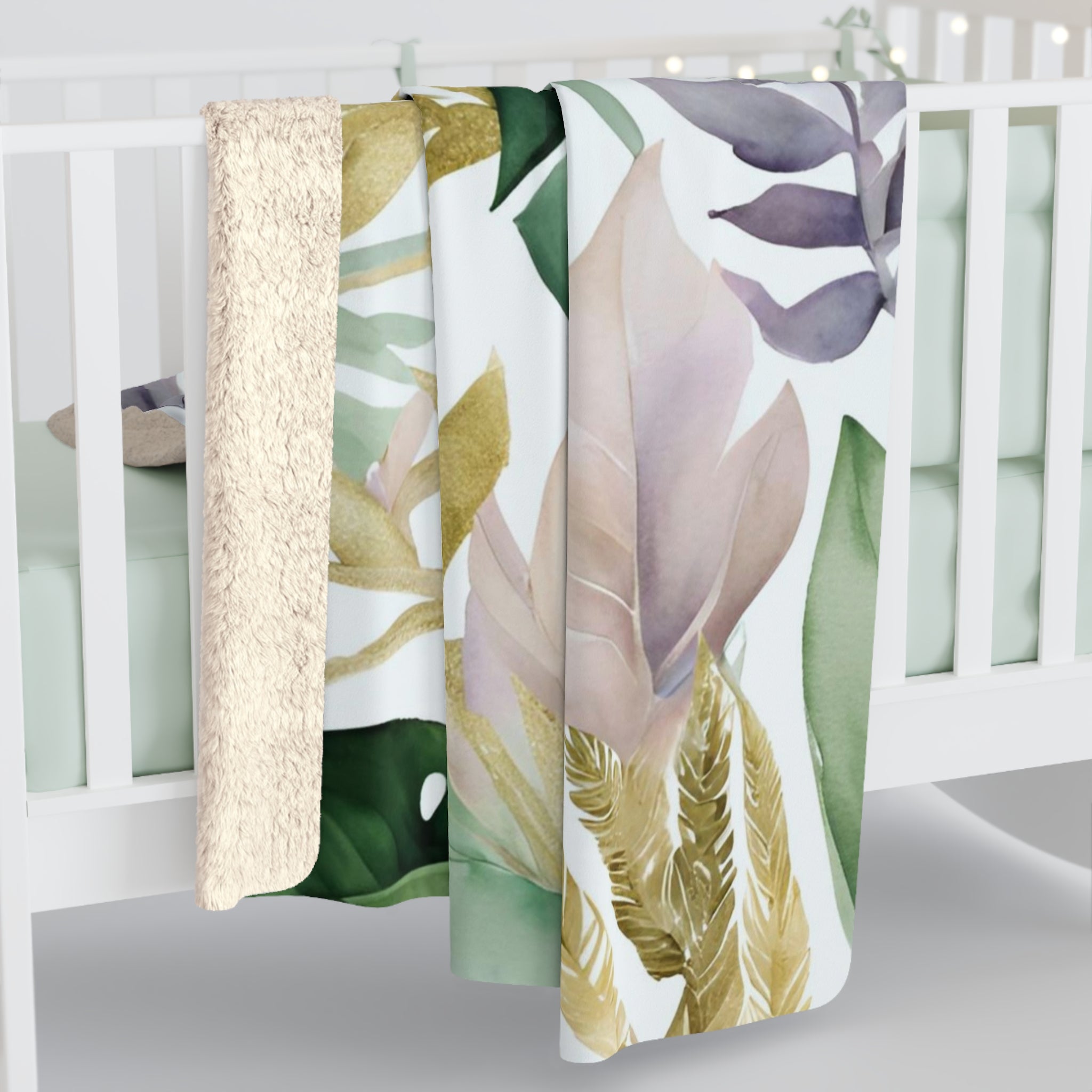 Tropical Floral Throw Blanket | Coastal Green, Purple Beige Blush Leaves