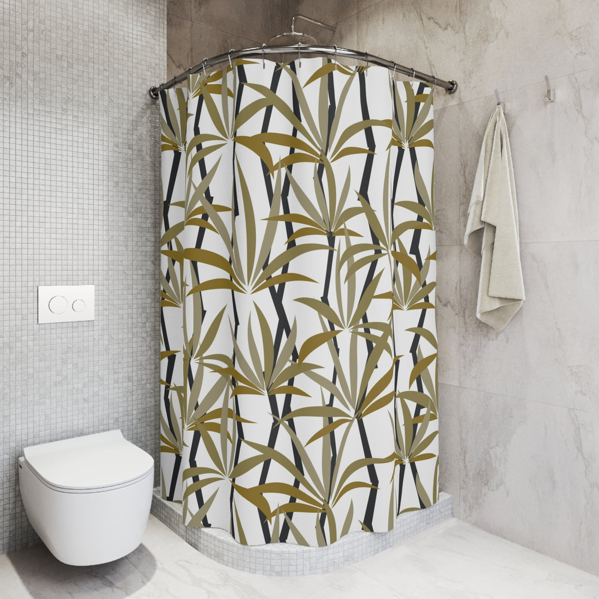 a bathroom with a shower curtain adorned with a tropical plant pattern in shades of green and gold. The shower curtain is hanging on a rod next to a towel, and there is a toilet visible in the corner of the room.