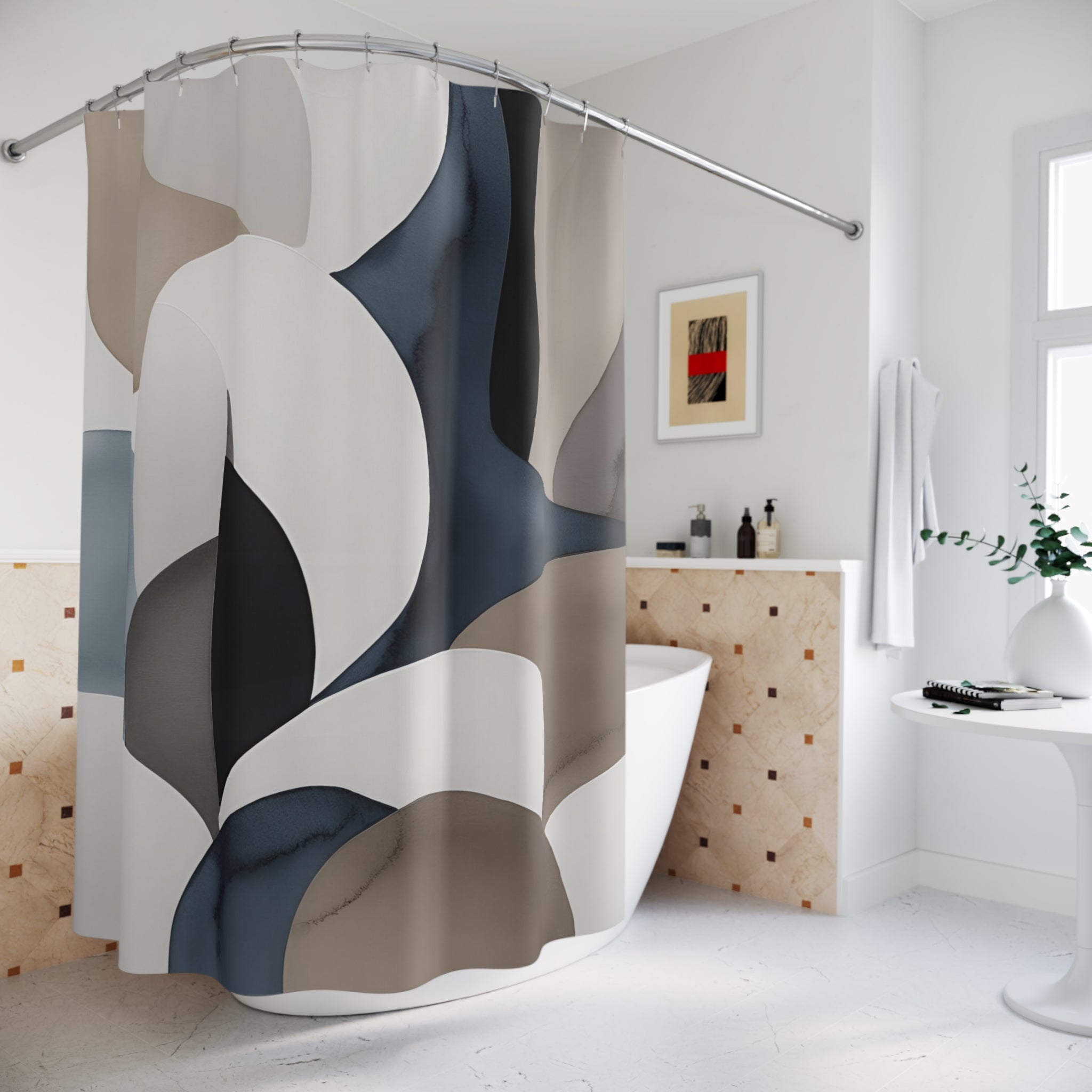 Abstract Shower Curtain | Navy Blue, Taupe White