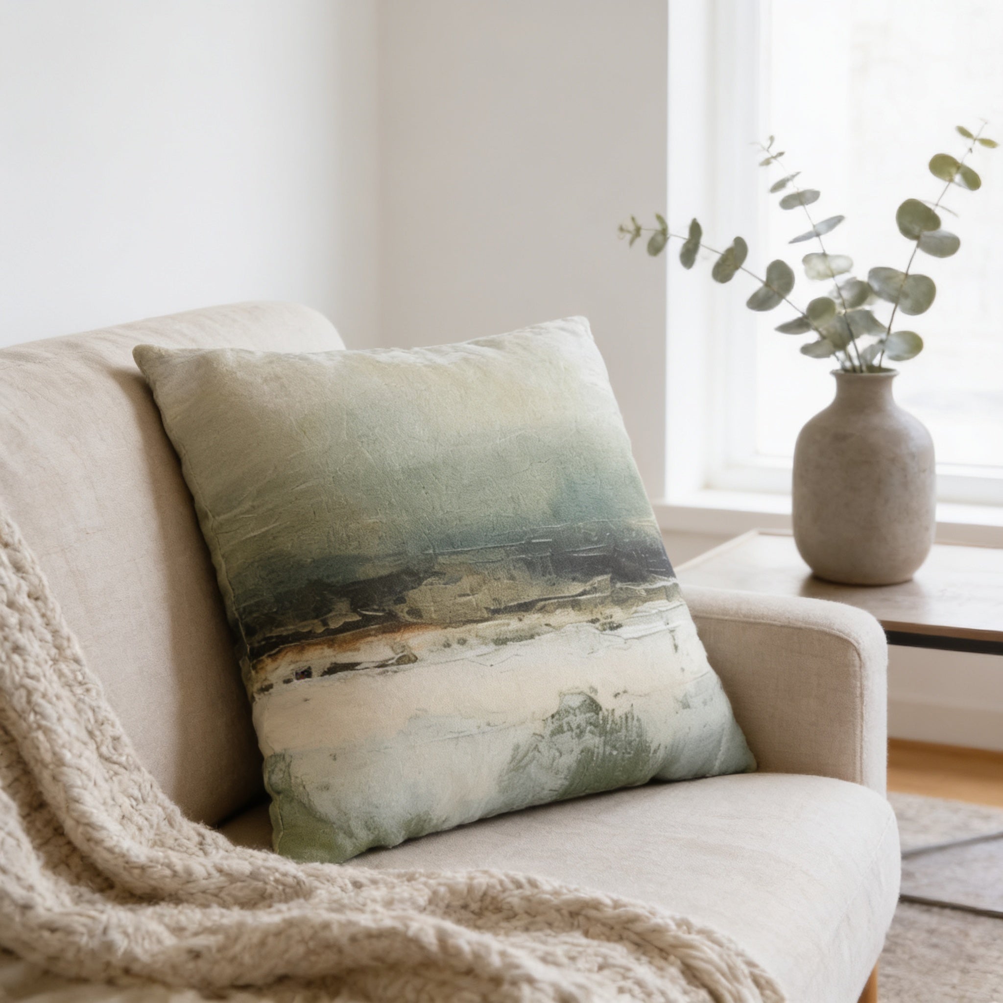 a cozy living room with a beige sofa, a decorative throw pillow, and a vase of greenery on a windowsill.