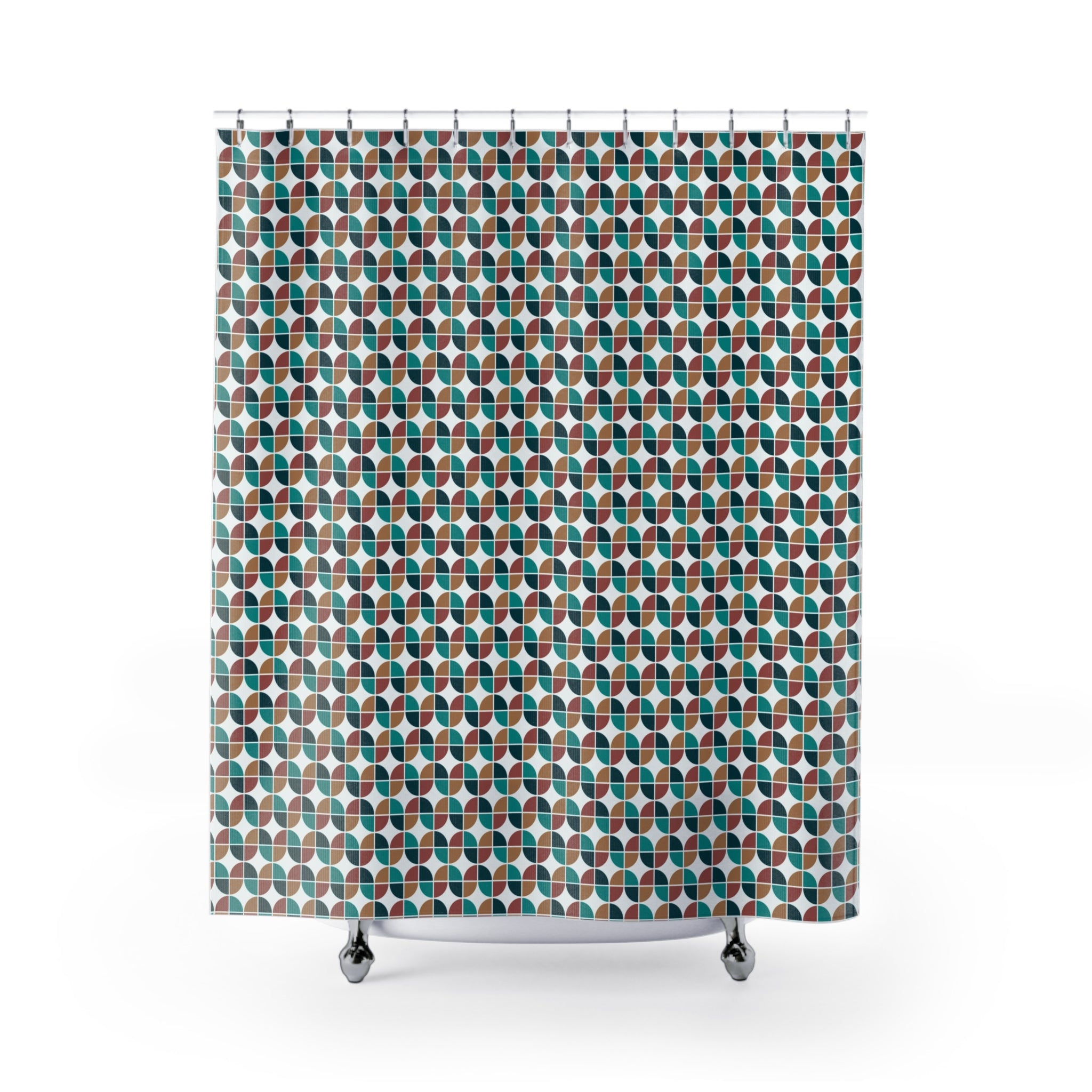 Retro Shower Curtain | Geometric Teal Beige Bath Curtain