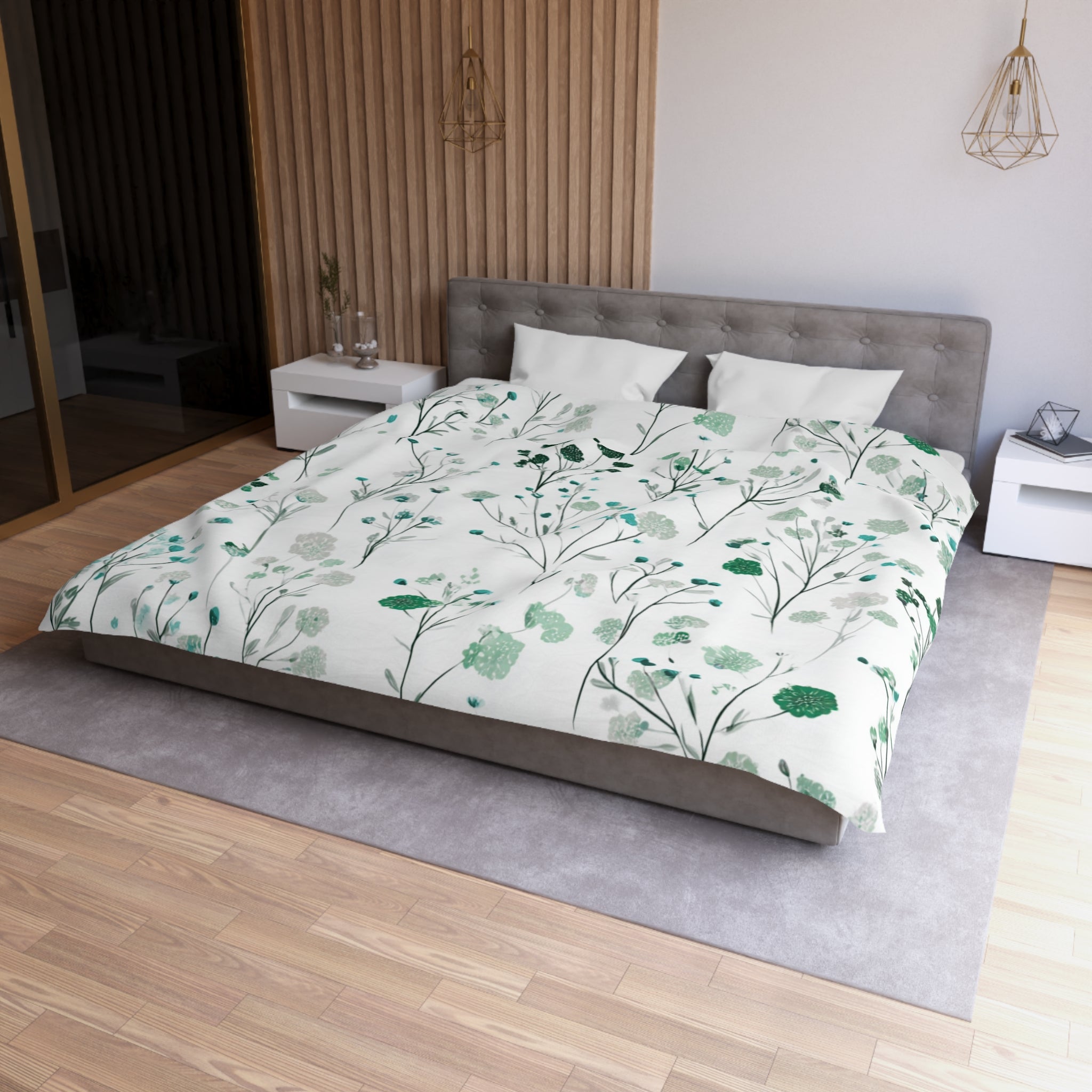 Floral Modern Duvet, Pillow Cover | White Green Bedroom Decor
