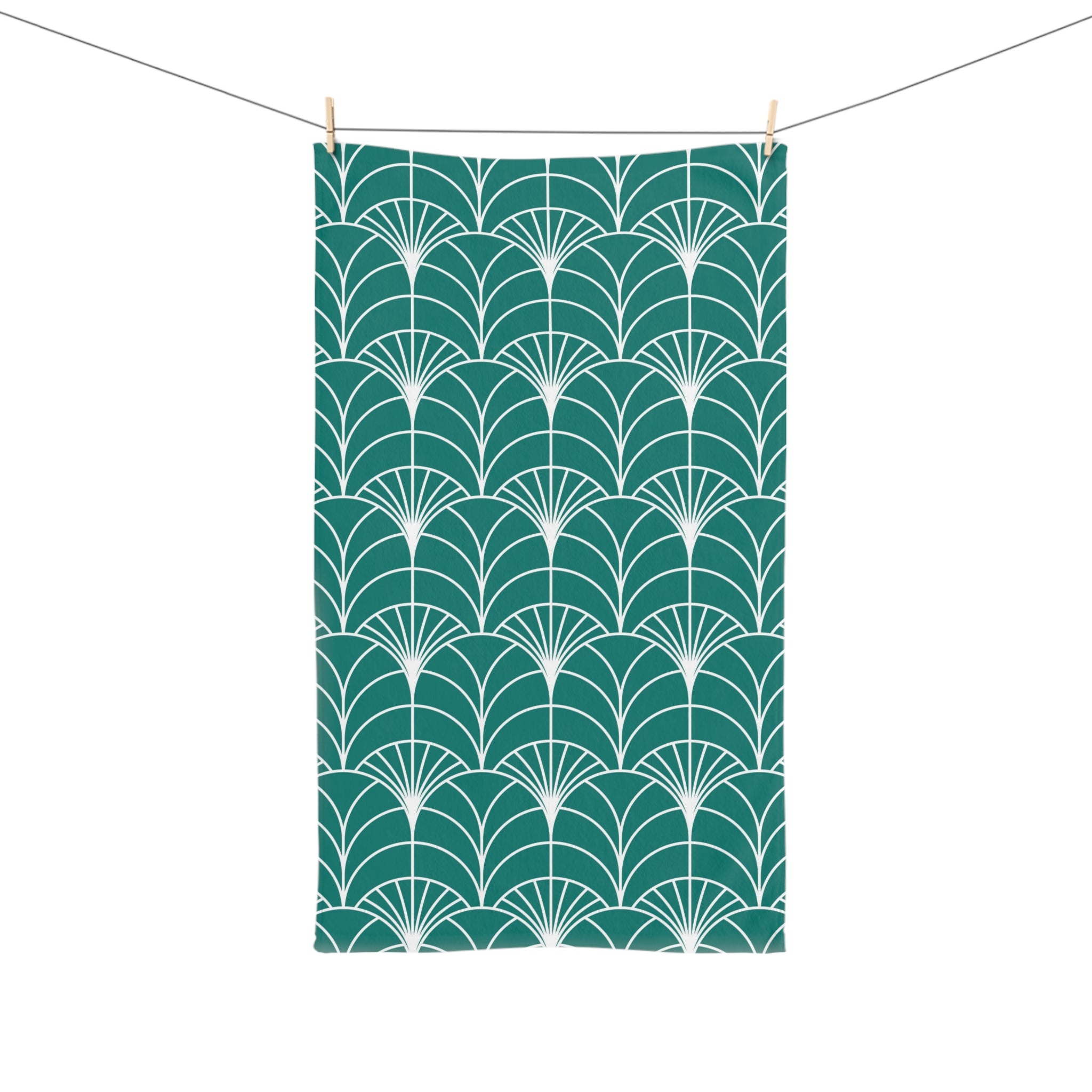 Boho Kitchen, Bath Hand Towel | Art Deco Sea Green White