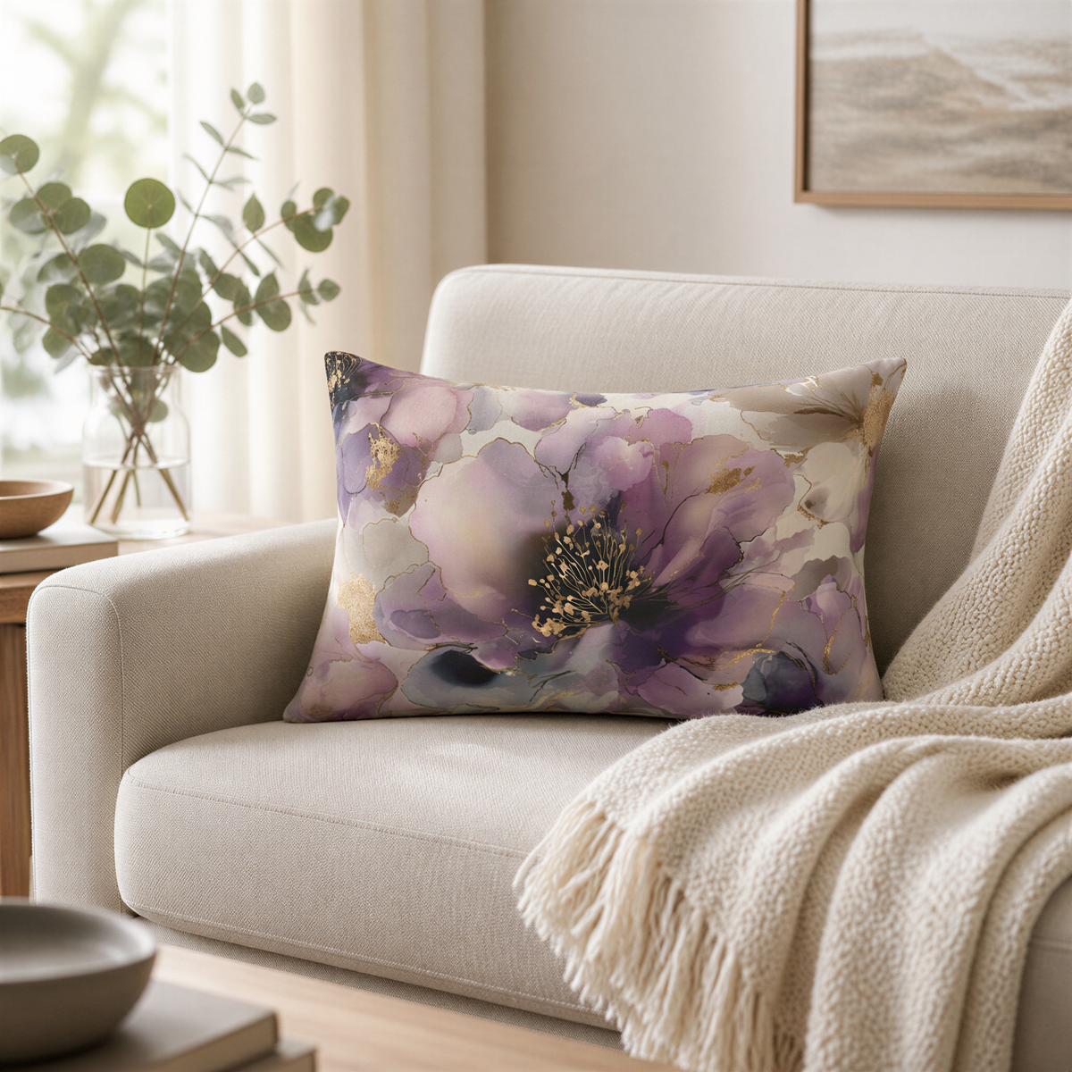 a cozy living room with a beige sofa, a decorative throw pillow with a floral design, and a vase of greenery on a side table.