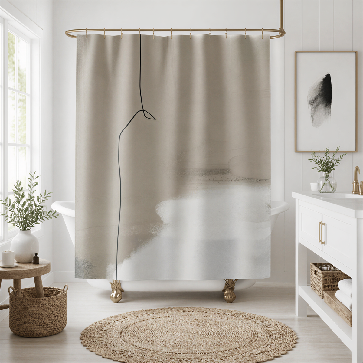 a modern bathroom with a large beige shower curtain featuring a minimalist black line design. The bathroom is decorated with a white sink, a large mirror, and a wooden floor. There are also some plants and a woven rug on the floor, adding a touch of natural elements to the space.