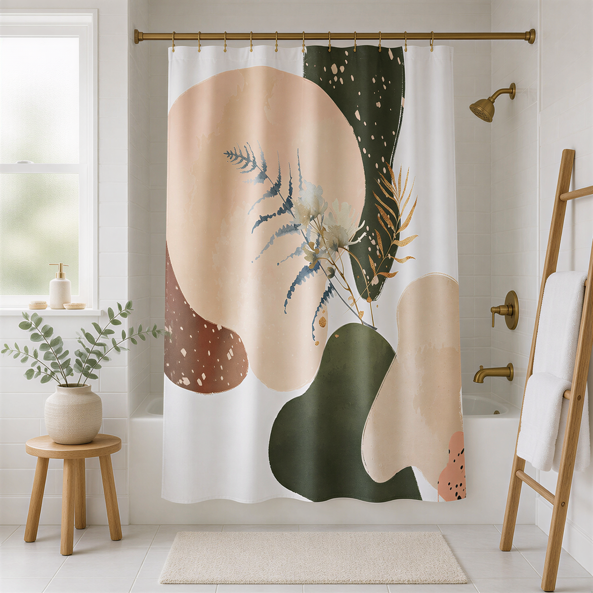 a bathroom with a shower curtain featuring abstract floral and leaf designs in various colors, including pink, green, and brown. The bathroom also includes a wooden ladder, a small table with a plant, and a window.