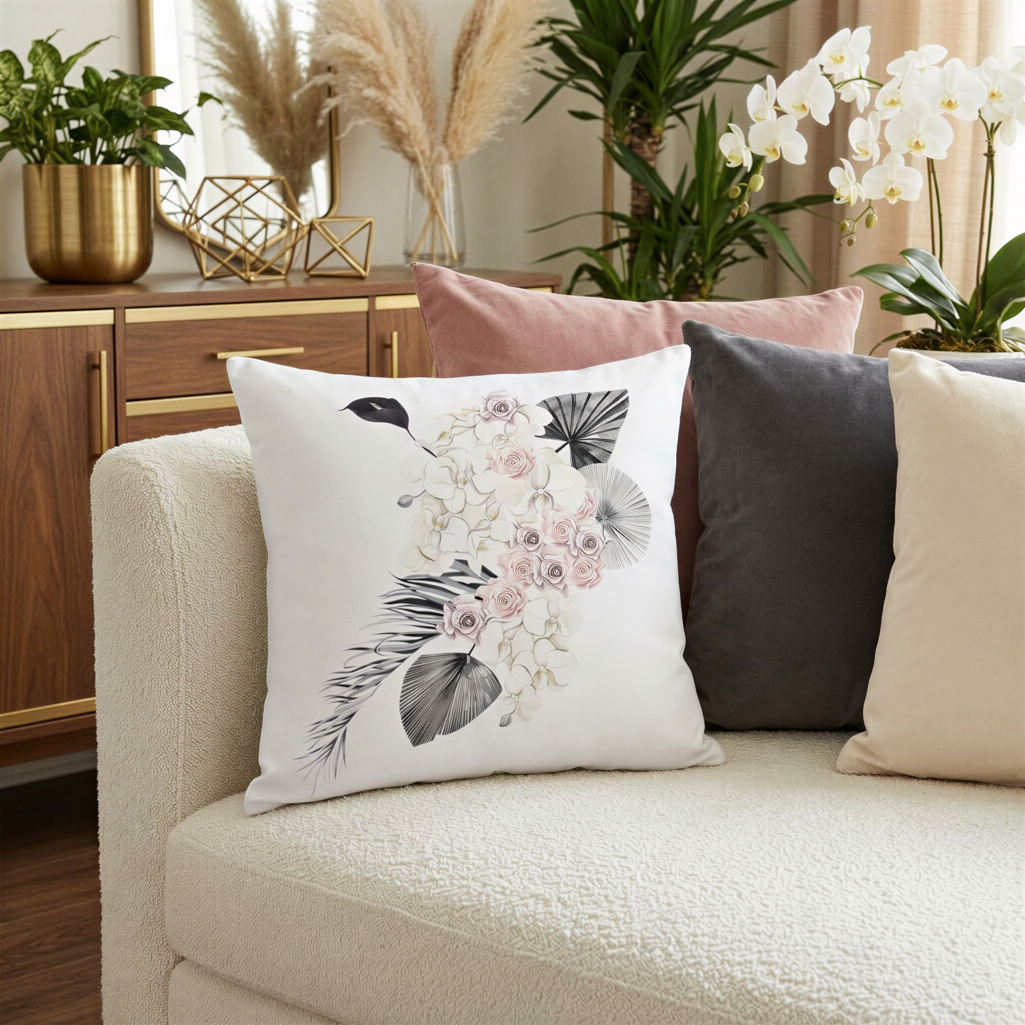 a cozy living room with a white sofa adorned with decorative pillows. The pillows are arranged in a way that creates a visually appealing and inviting space. In the background, there are several potted plants, adding a touch of greenery and life to the room. The overall scene conveys a sense of comfort and relaxation, making it an ideal space for unwinding and enjoying some leisure time.