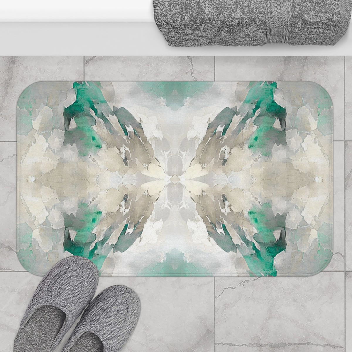 Emerald Beige Watercolor Abstract Bath Mat, Boho Bathroom Rug
