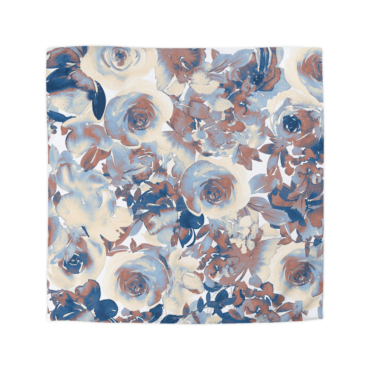 a square-shaped floral print with a variety of blue, brown, and white flowers and leaves. The flowers appear to be in different stages of bloom, creating a dynamic and visually interesting pattern.
