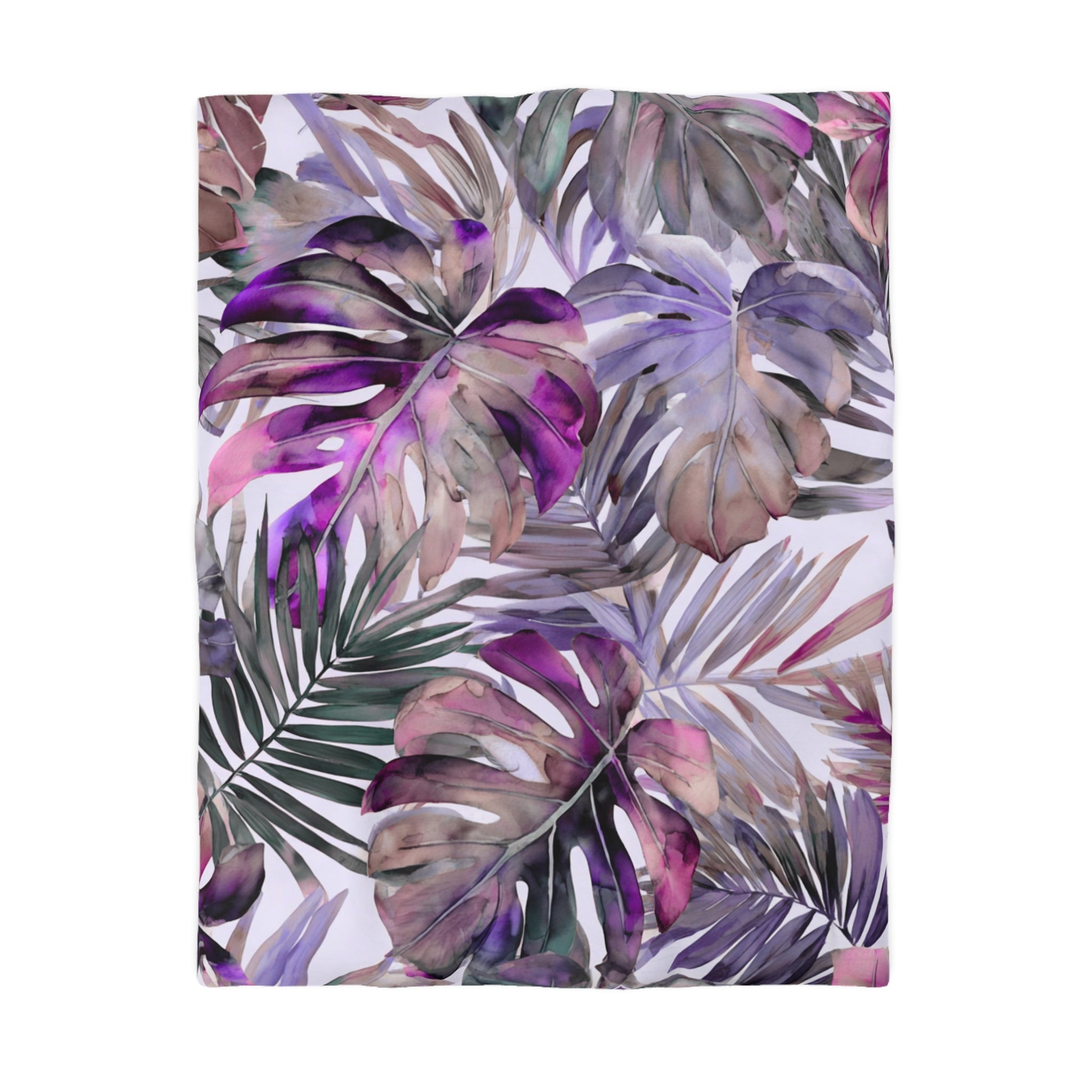 a vibrant and colorful pattern of tropical leaves in shades of purple, green, and brown.