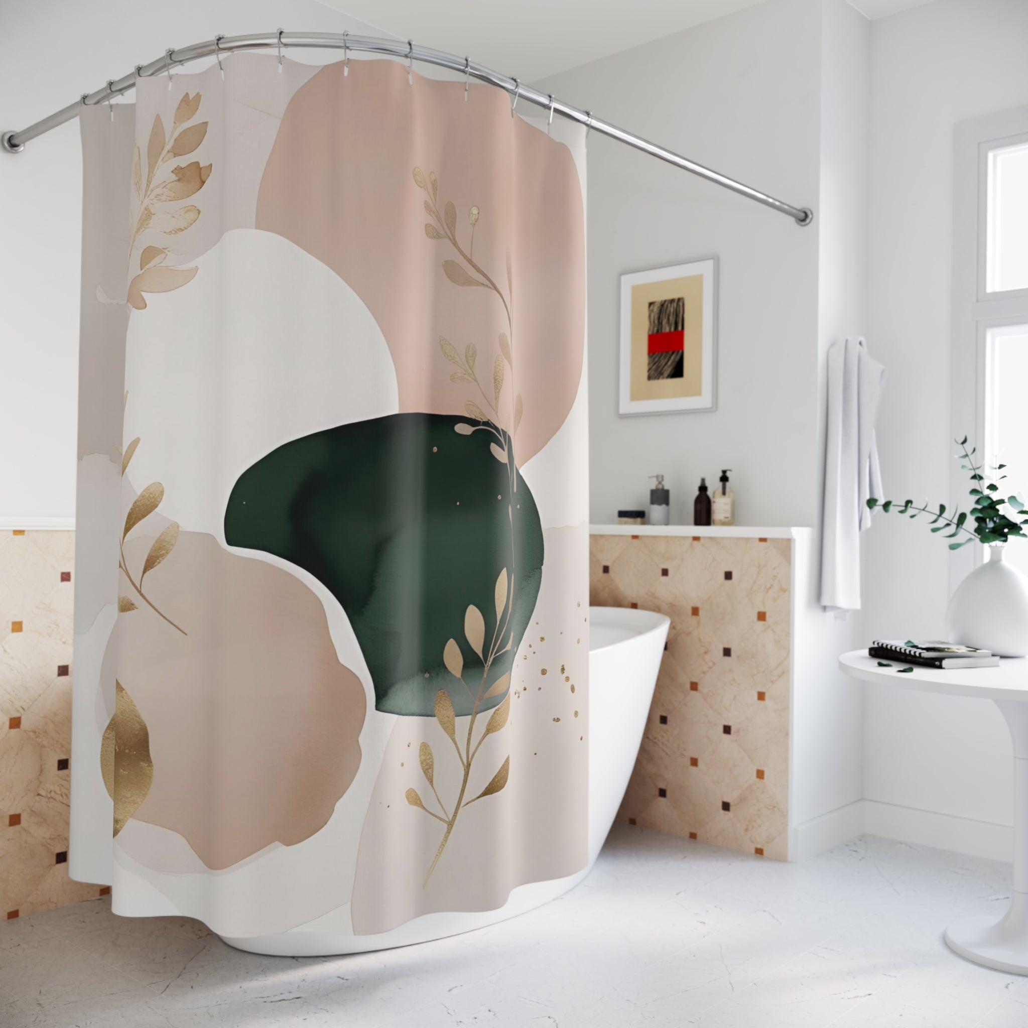 Abstract Shower Curtain | Blush Beige Pink, Muted Gold Sage Green