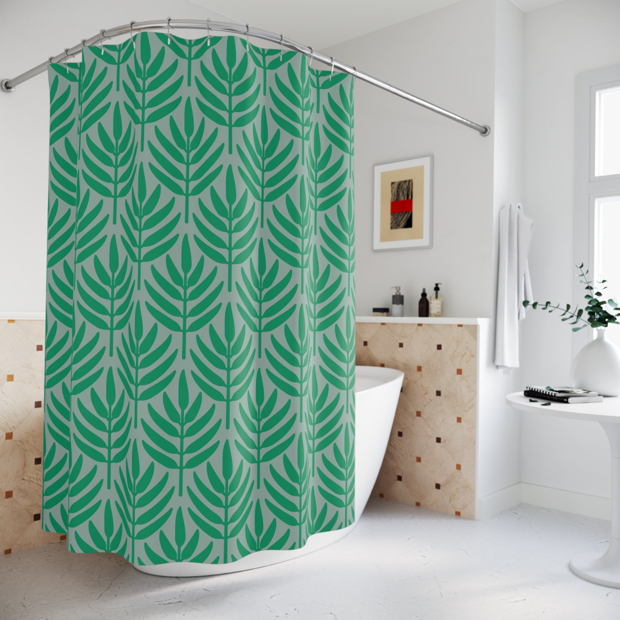 Art Deco Shower Curtain | Sage Green Grey Leaves Bath Curtain