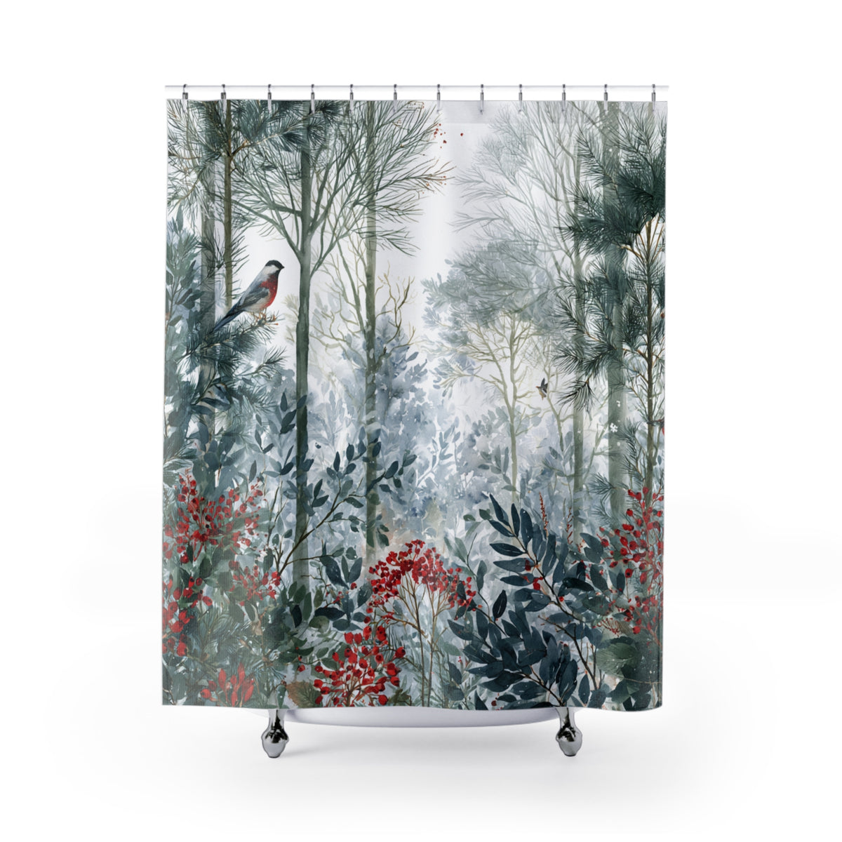 Green Teal Forest Bird Shower Curtain, Bath Curtain 71x74