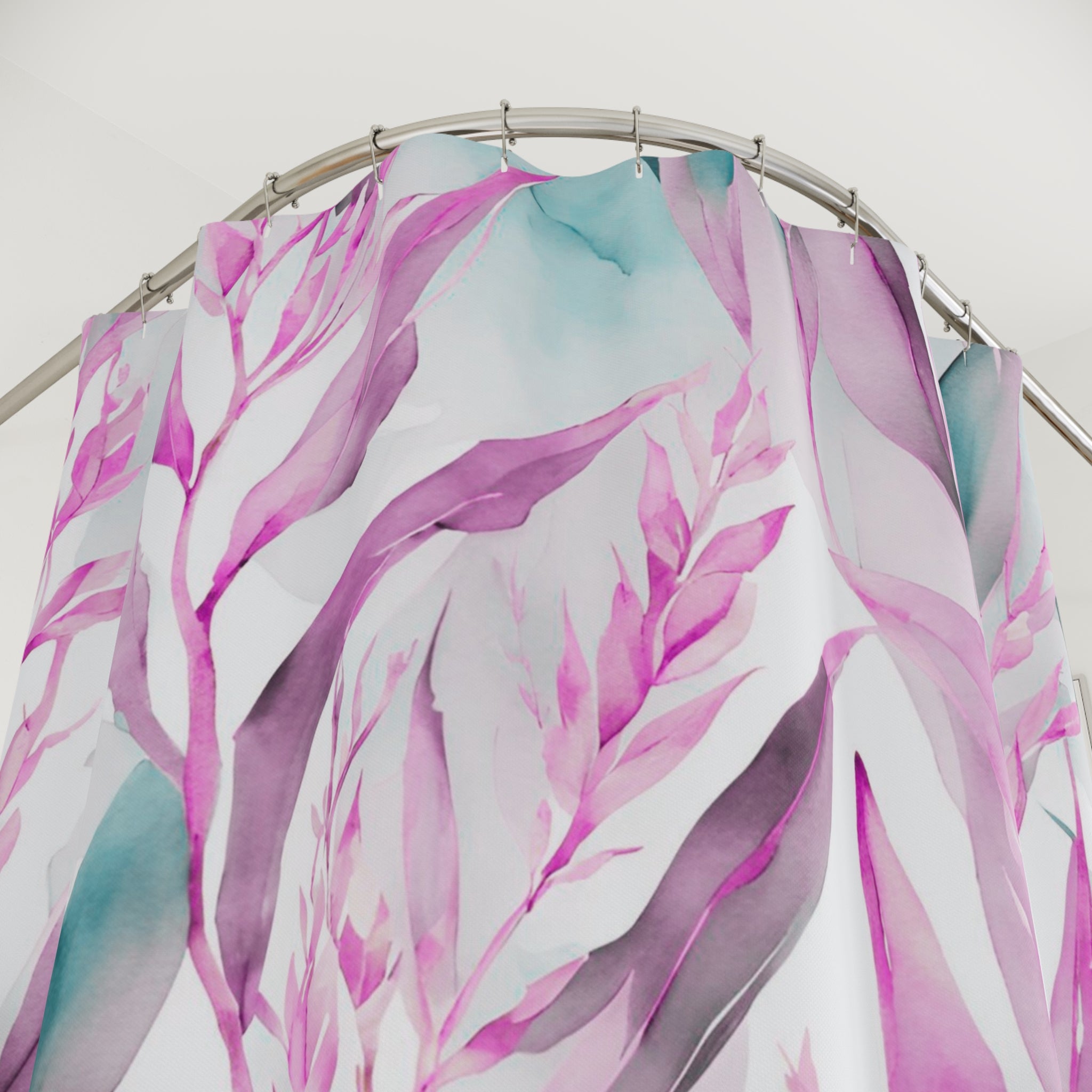 Boho Shower Curtain | Colorful Pink, Teal Green Leaves