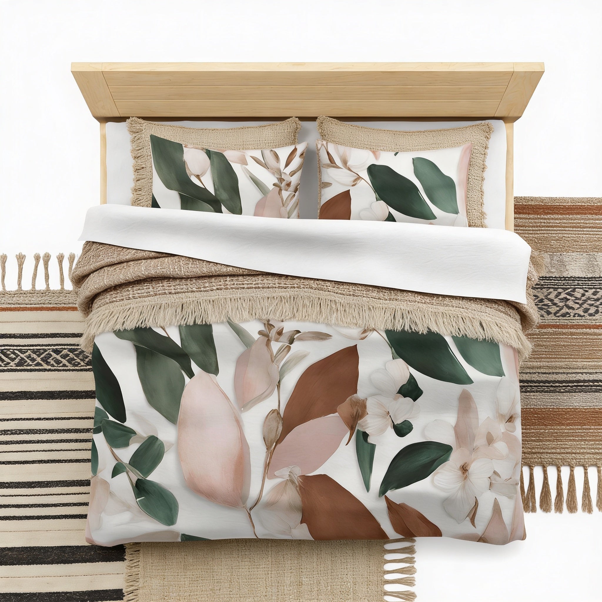 a bed with a floral print comforter and pillows, placed on a wooden headboard. The bed is surrounded by various decorative rugs and textiles, creating a cozy and inviting atmosphere.