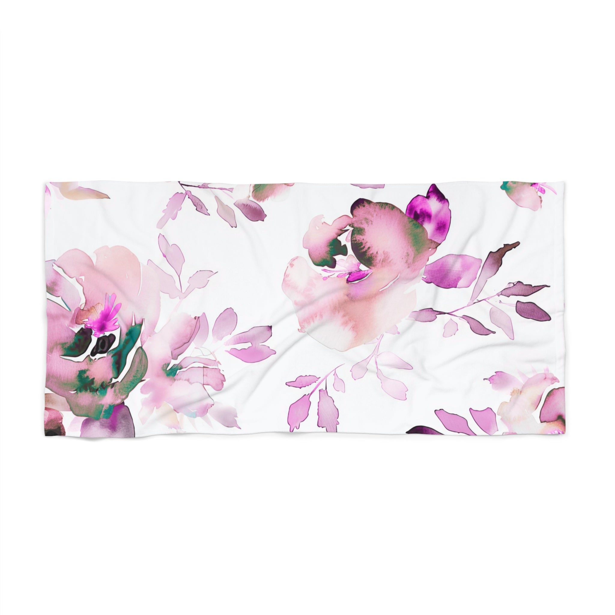 Floral Bath, Beach Towel | White, Pink Watercolor Bath Towel